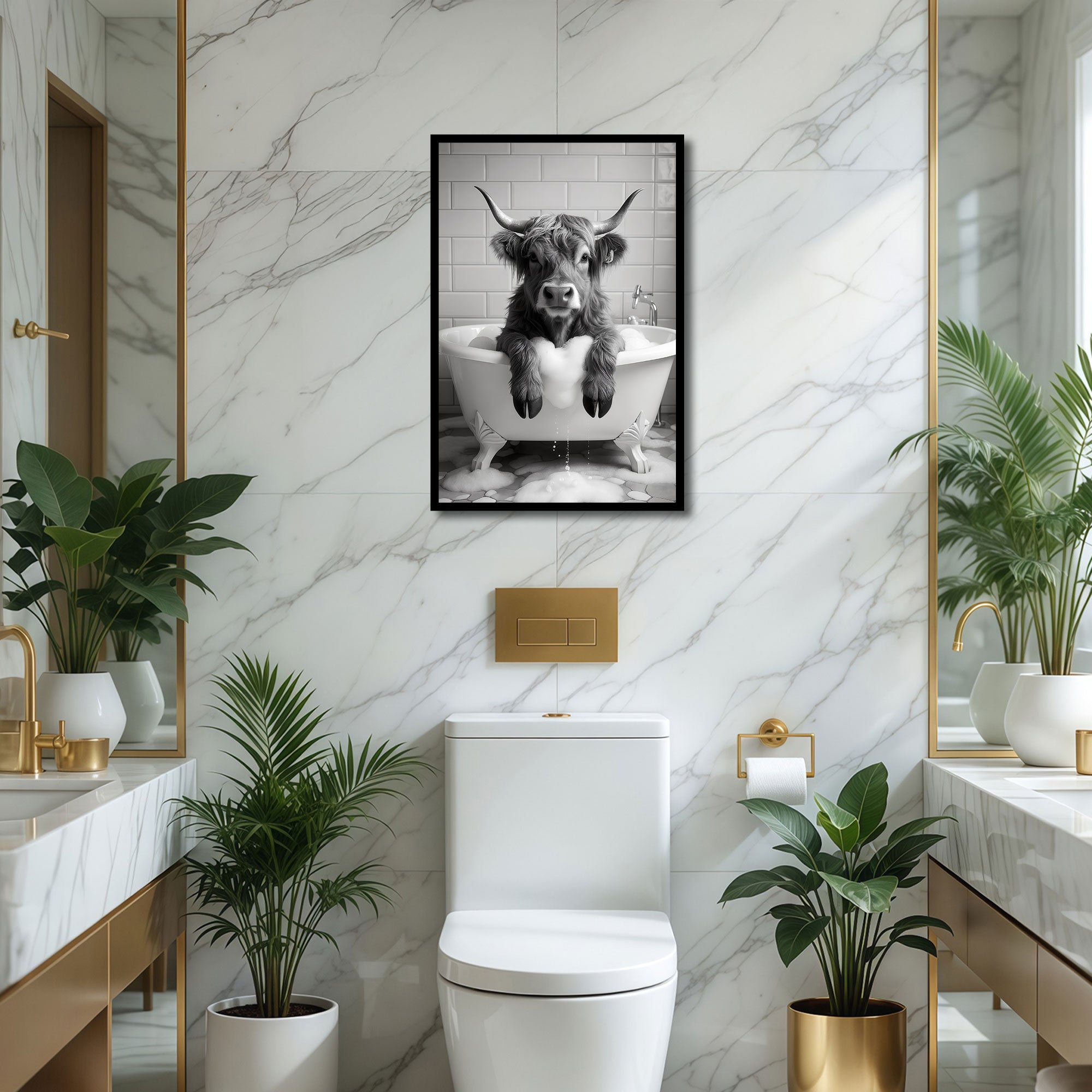 The Castle Decor Funny Elephant Reading Newspaper on Toilet Framed Wall Art – Cute Safari Animal Sitting on Commode Framed Poster, Humorous Bathroom Restroom Wall Decor