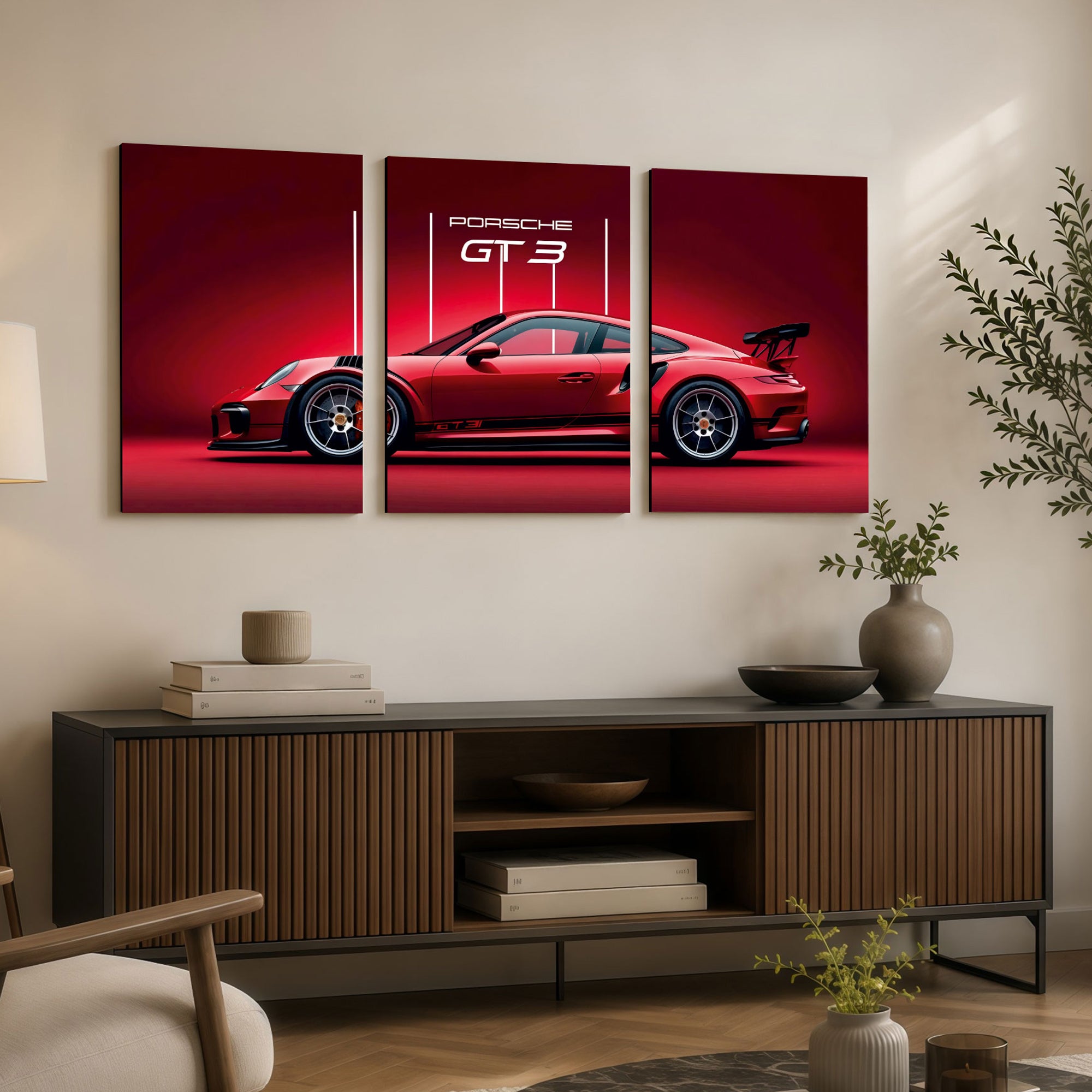 The Castle Decor Porsche GT3 Wall Art 3 Panel Painting Red Sports Car Poster Luxury Supercar Wall Decor for Bedroom Gaming Room Office Living Room