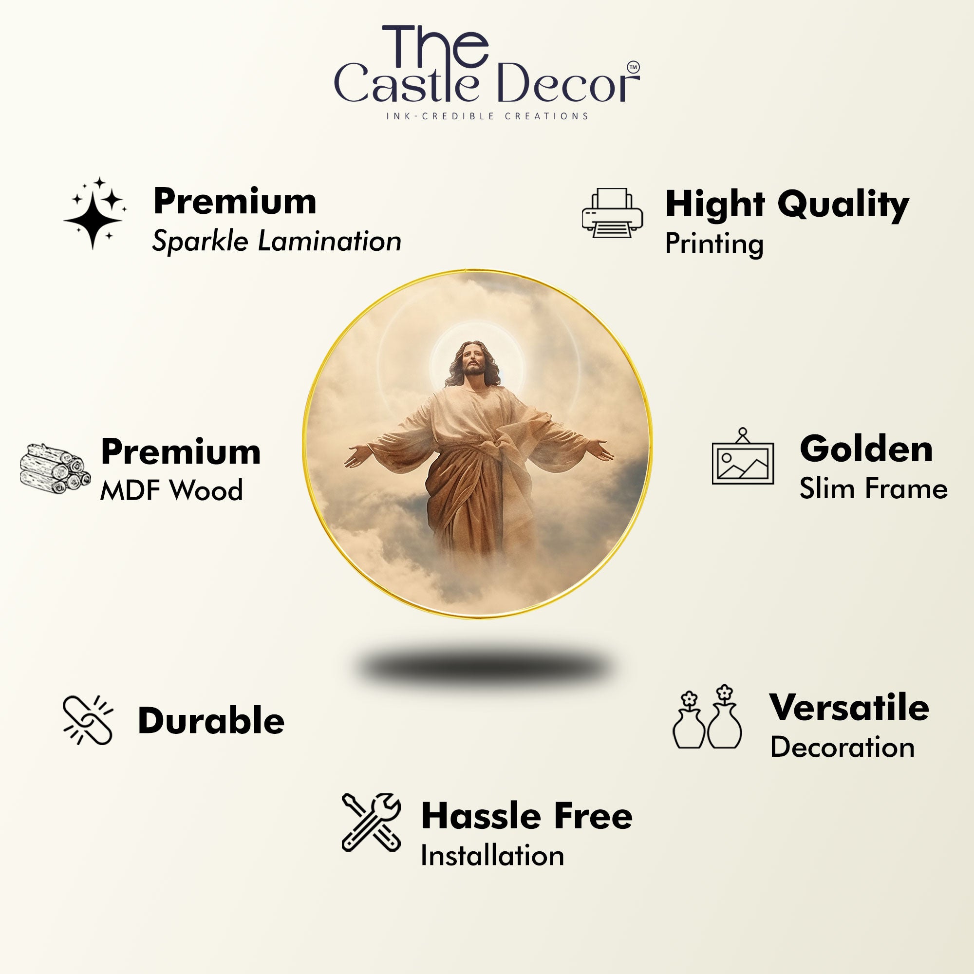 The Castle Decor Jesus Christ Wall Art Painting | Round Frame Religious Wall Hanging for Living Room, Bedroom, Hotel & Gift Décor