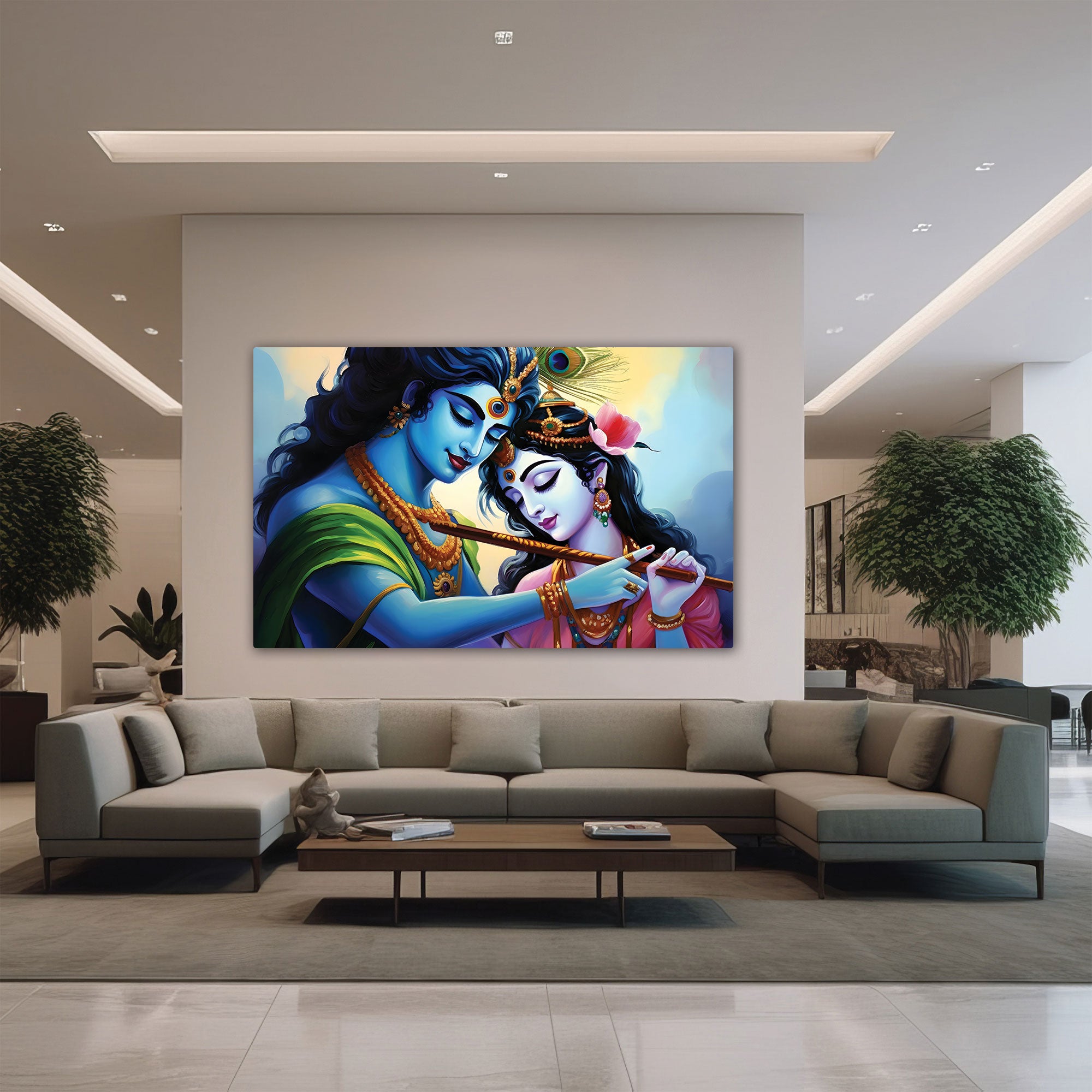 The Castle Decor radha krishna flute canvas/Sparkle painting with frame Big Size Wall Art for living room,Bedroom,Drawing room,Hotels-Wooden Framed-Digital Painting
