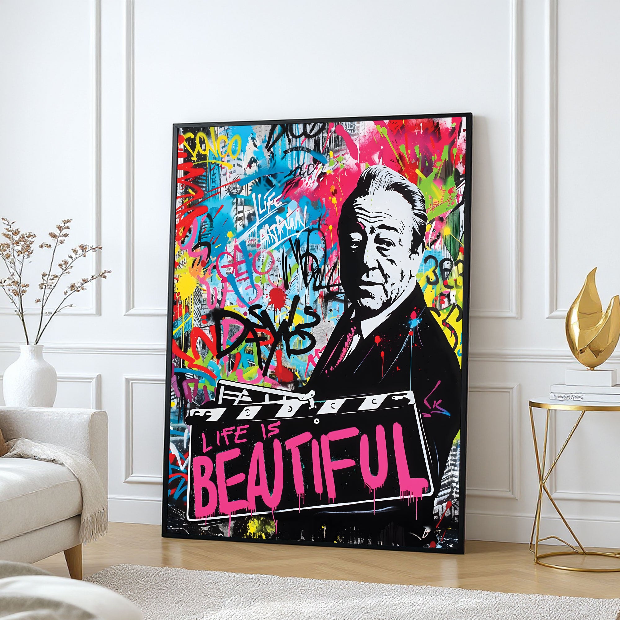 The Castle Decor Life Is Beautiful Pop Art Wall Art – Cinematic Graffiti Portrait Motivational Artwork with Premium Sparkle Finish, 20×30 Inch Wall Décor for Home & Office
