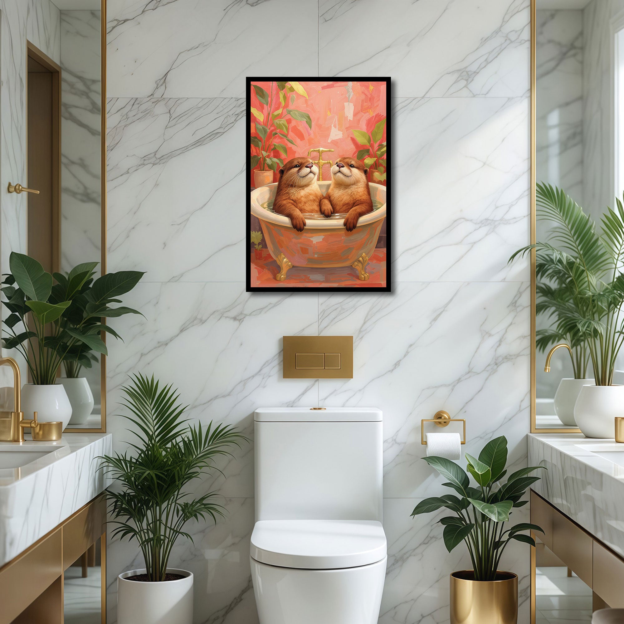 The Castle Decor Adorable Otter Bath Wall Art | Cute Animal Bathroom Painting | Modern Pink Bathroom Decor | Framed Funny Wall Poster