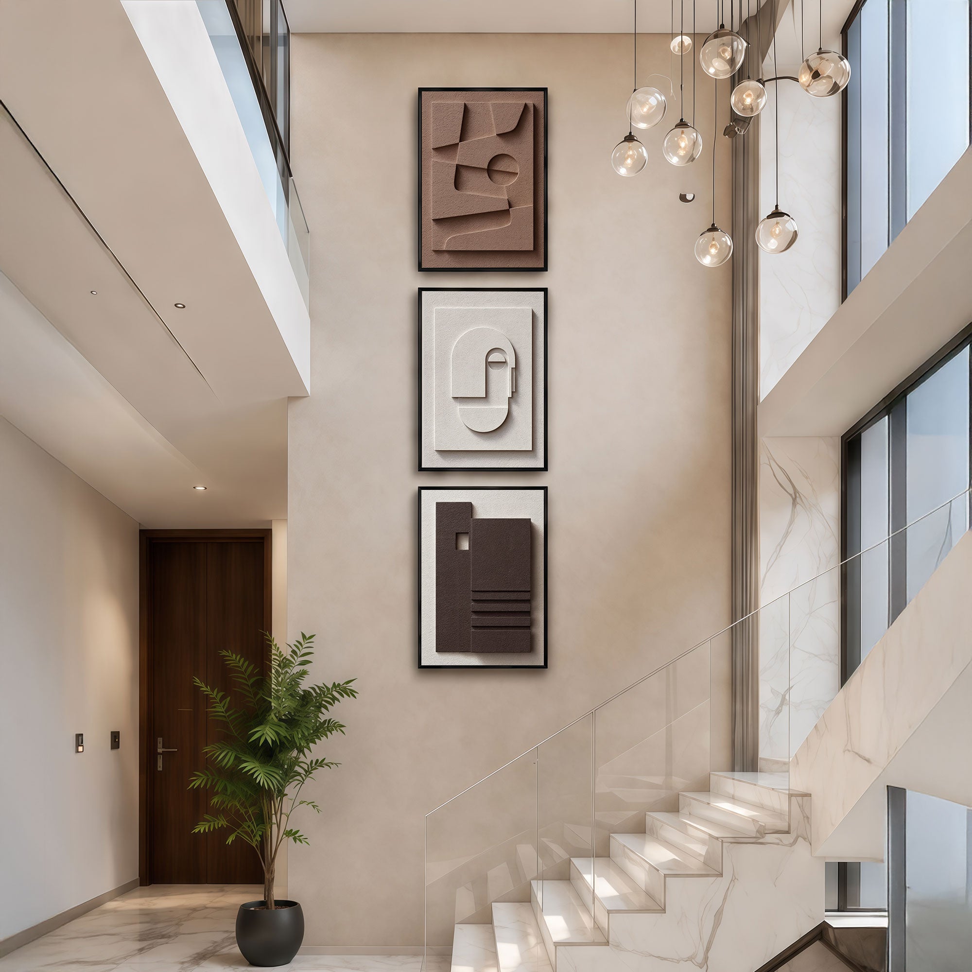 The Castle Decor 3-Piece Modern Minimalist 3D Relief Wall Art Set – Abstract Geometric Sculptural Framed Art, Neutral Terracotta & Cream Textured Bas-Relief Panels for Living Room, Staircase, Entryway