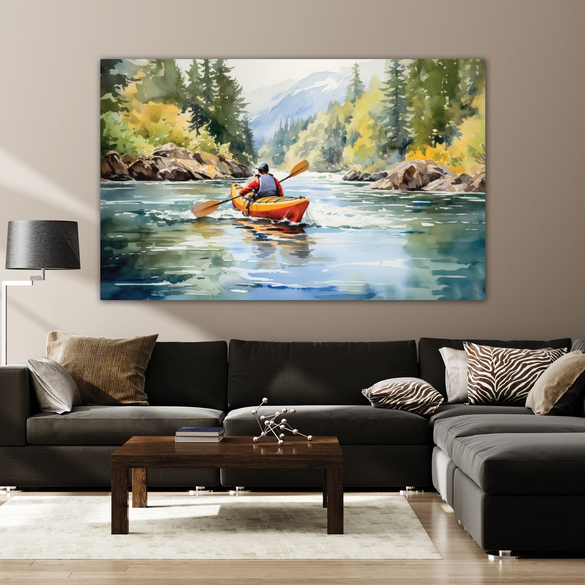 Man paddling in river Canvas painting with frame Big Size Wall Art for living room,Bedroom,Drawing room,Hotels