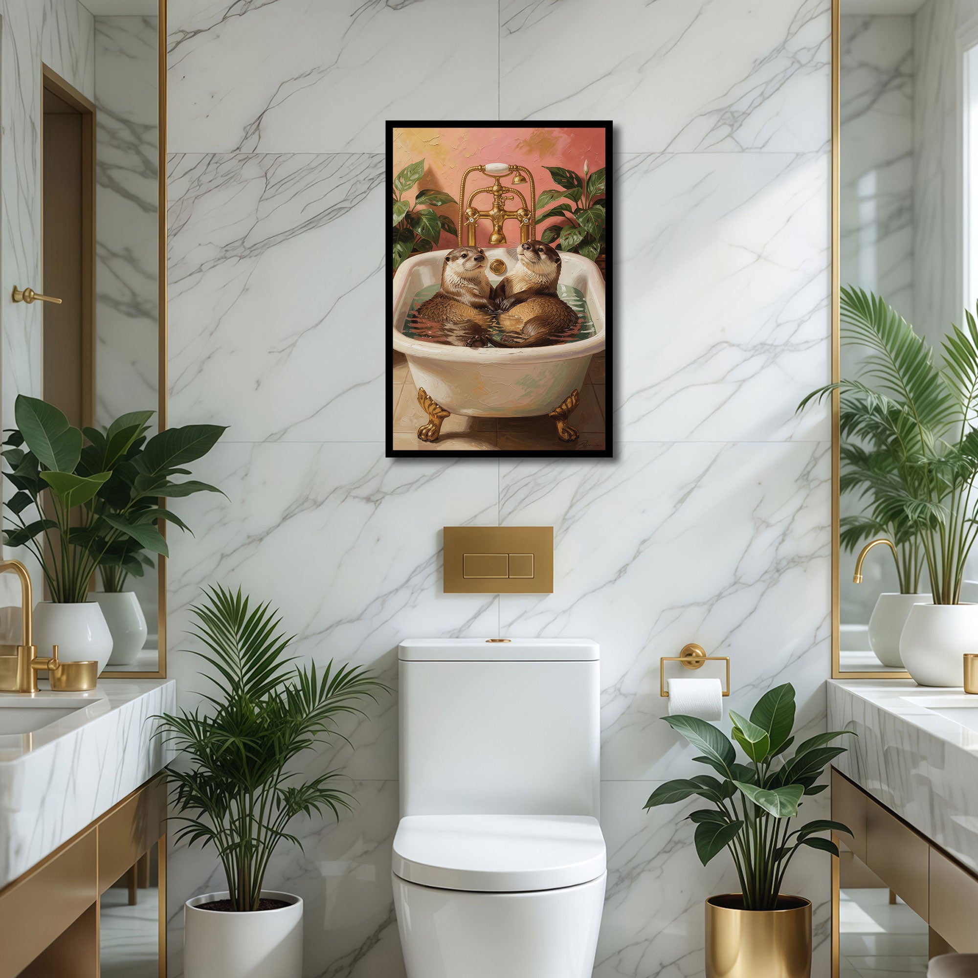The Castle Decor Cute Otters Bathtub Wall Art | Funny Animal Bathroom Decor | Framed Bathroom Painting | Whimsical Bathroom Artwork for Home