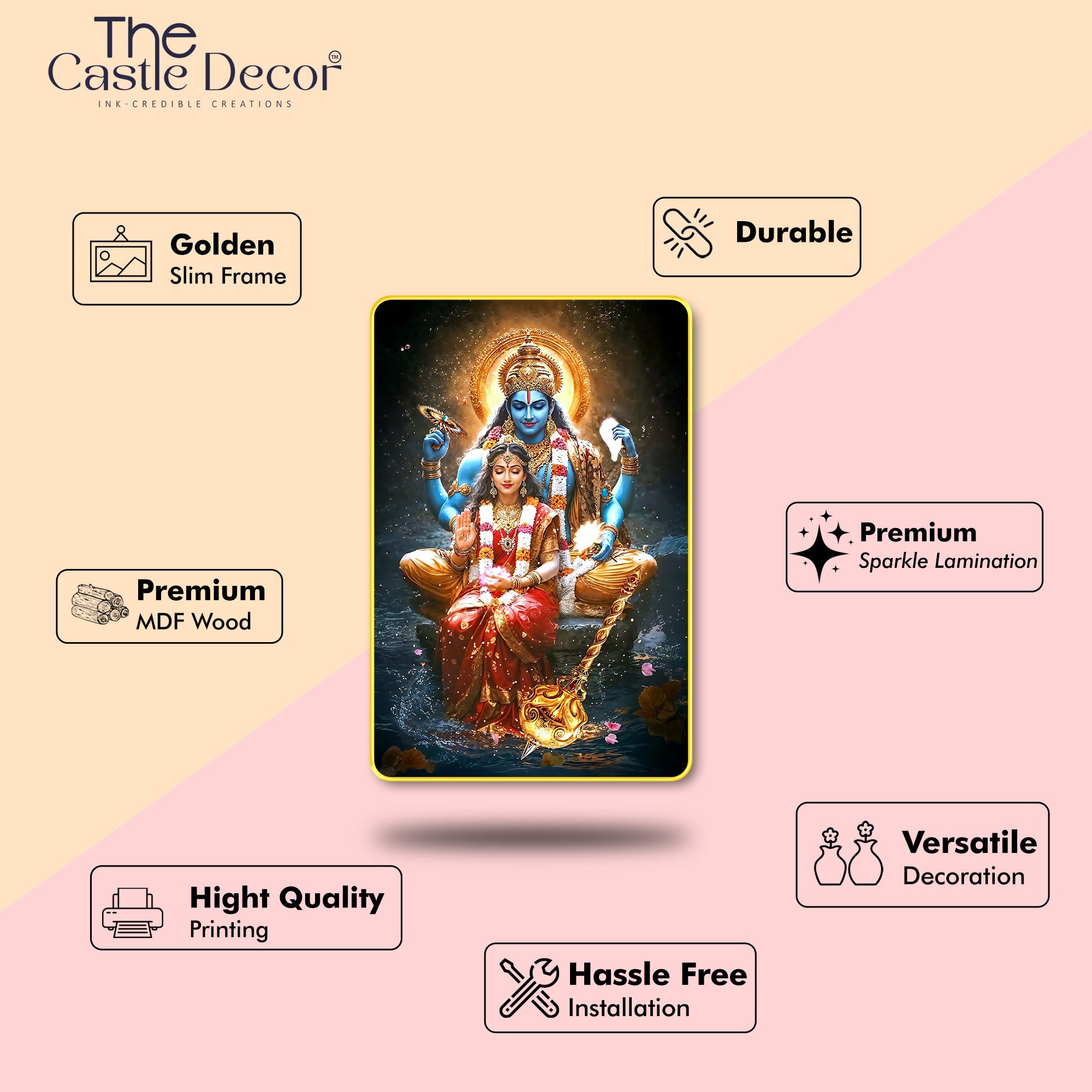 The Castle Decor Vishnu Lakshmi Digital Wall Art | Sparkle Laminated Golden Frame | Divine Spiritual Décor for Pooja Room, Mandir, Home & Office