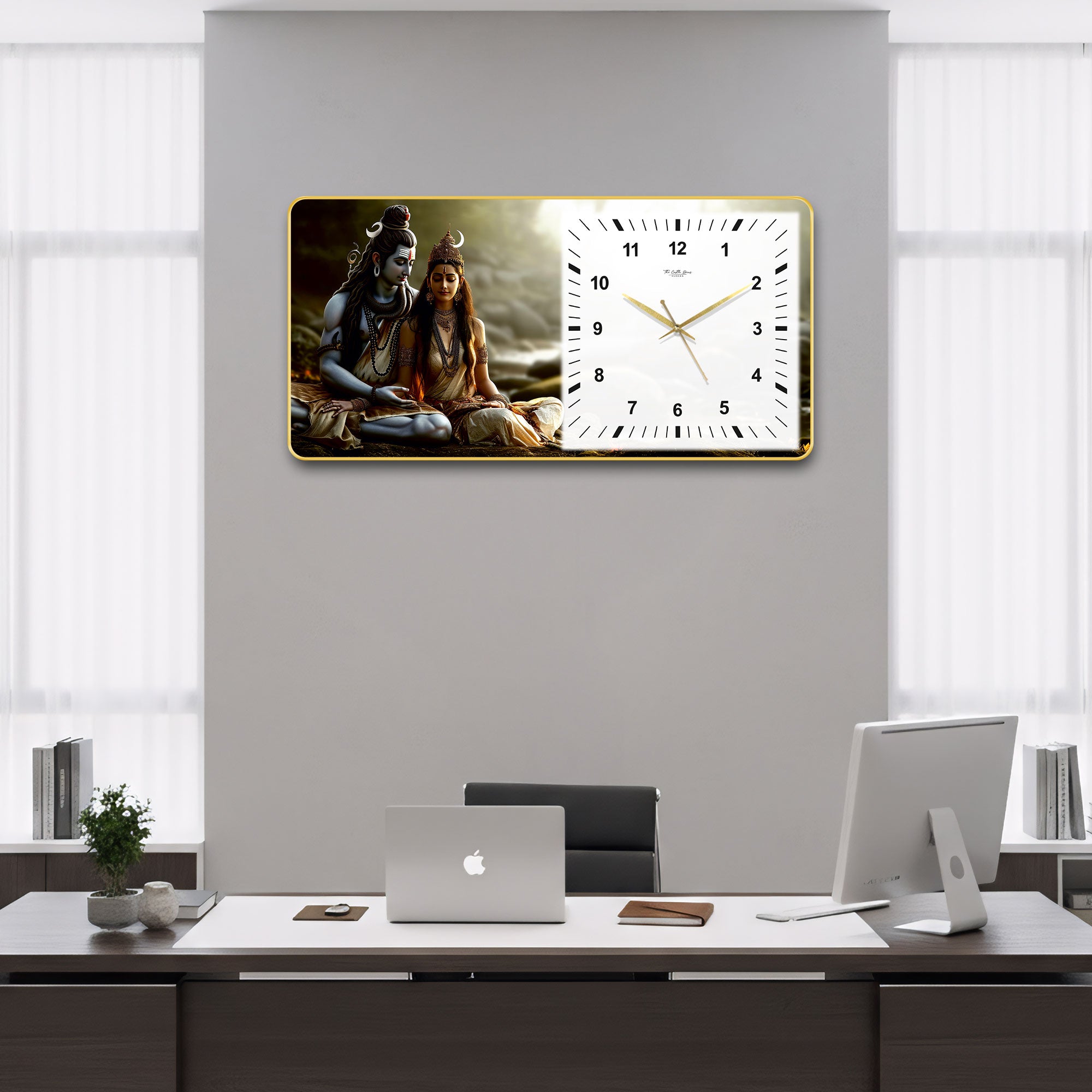 The Castle Decor Shiv Parvati Decorative Wall Clock 24x12 Inch, Silent Sweep Non-Ticking Modern Wall Clock with Golden Slim Frame