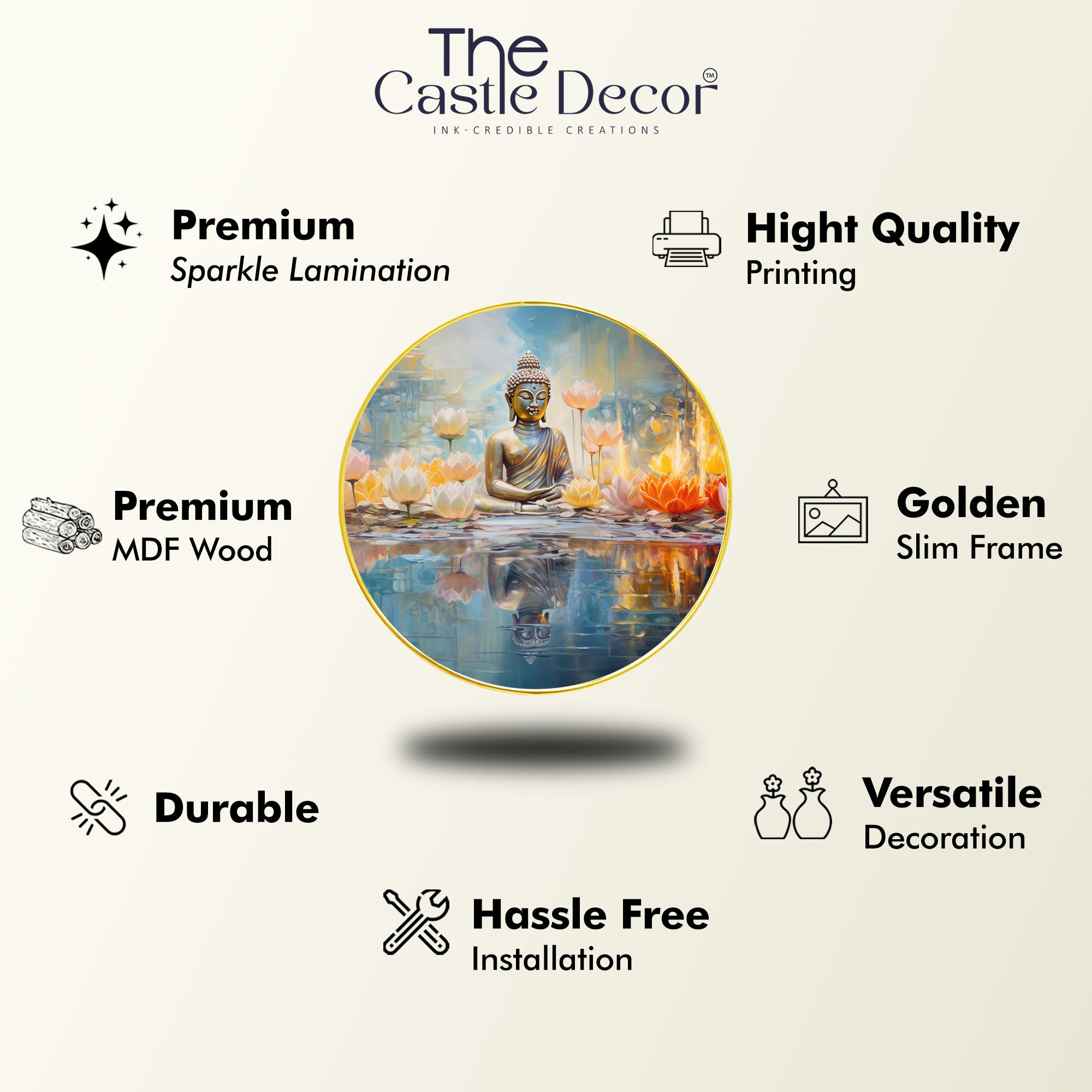 The Castle Decor Buddha Round Wall Hanging | Elegant Golden Slim Frame Spiritual Wall Décor for Living Room, Bedroom, Office, Hotel & Gift