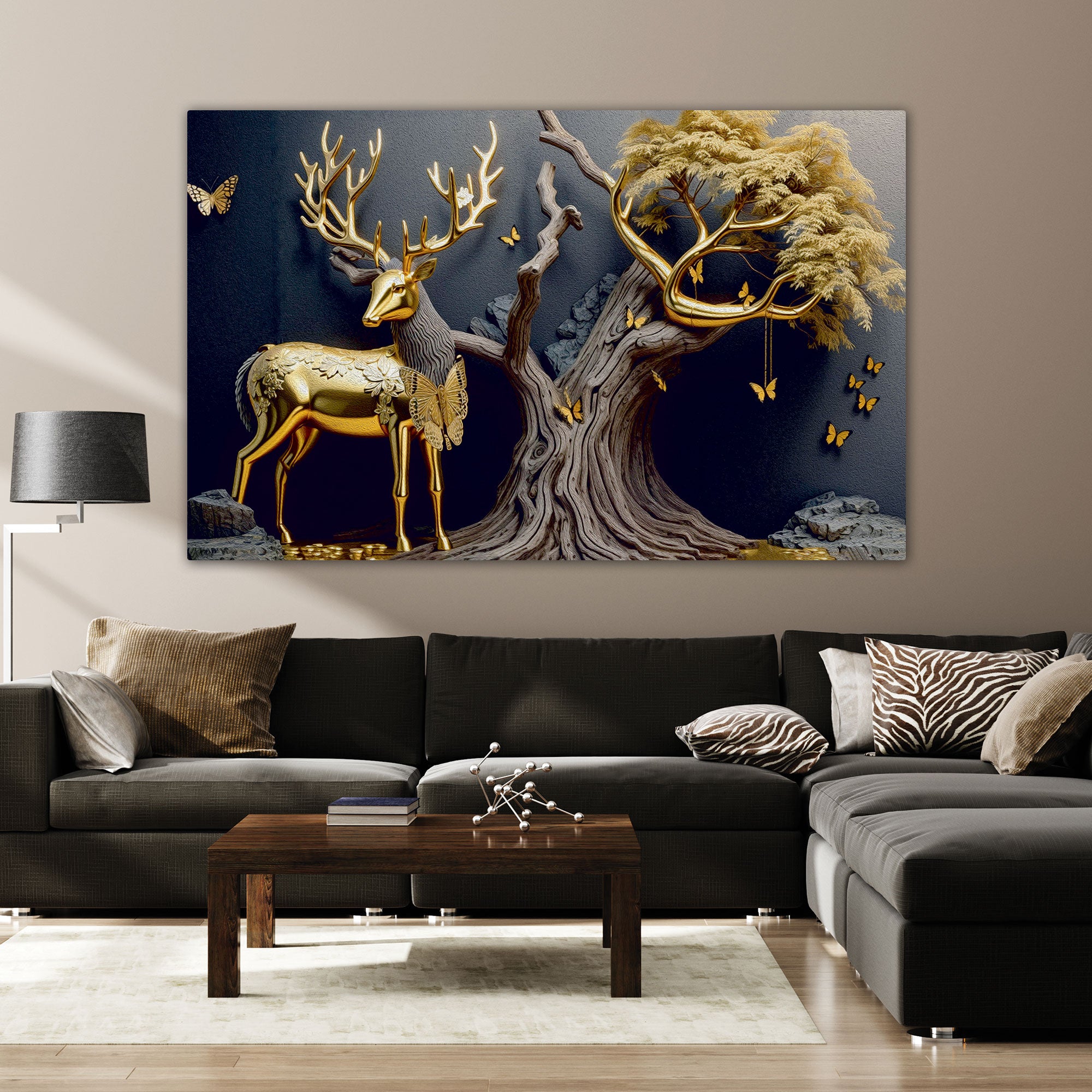 Golden deer vaastu Canvas painting with frame Big Size Wall Art for living room,Bedroom,Drawing room,Hotels