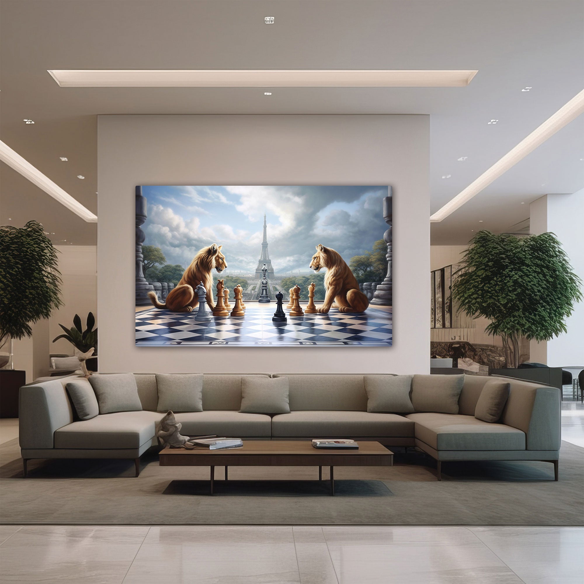 Lions play game chess Canvas painting with frame Big Size Wall Art for living room,Bedroom,Drawing room,Hotels