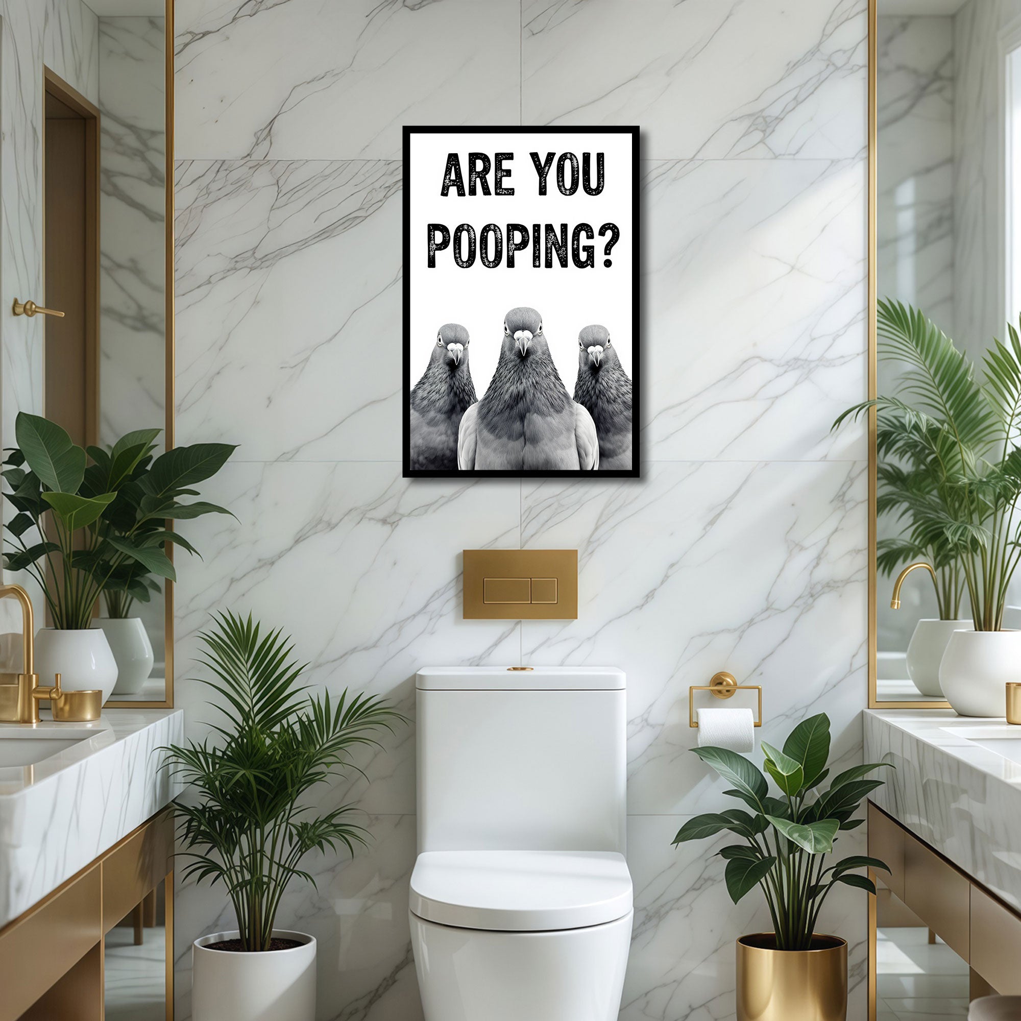 The Castle Decor Funny Are You Pooping Pigeons Framed Wall Art – Humorous Animal Text Poster, Black and White Bird Picture, Quirky Restroom & Guest Bathroom Decor
