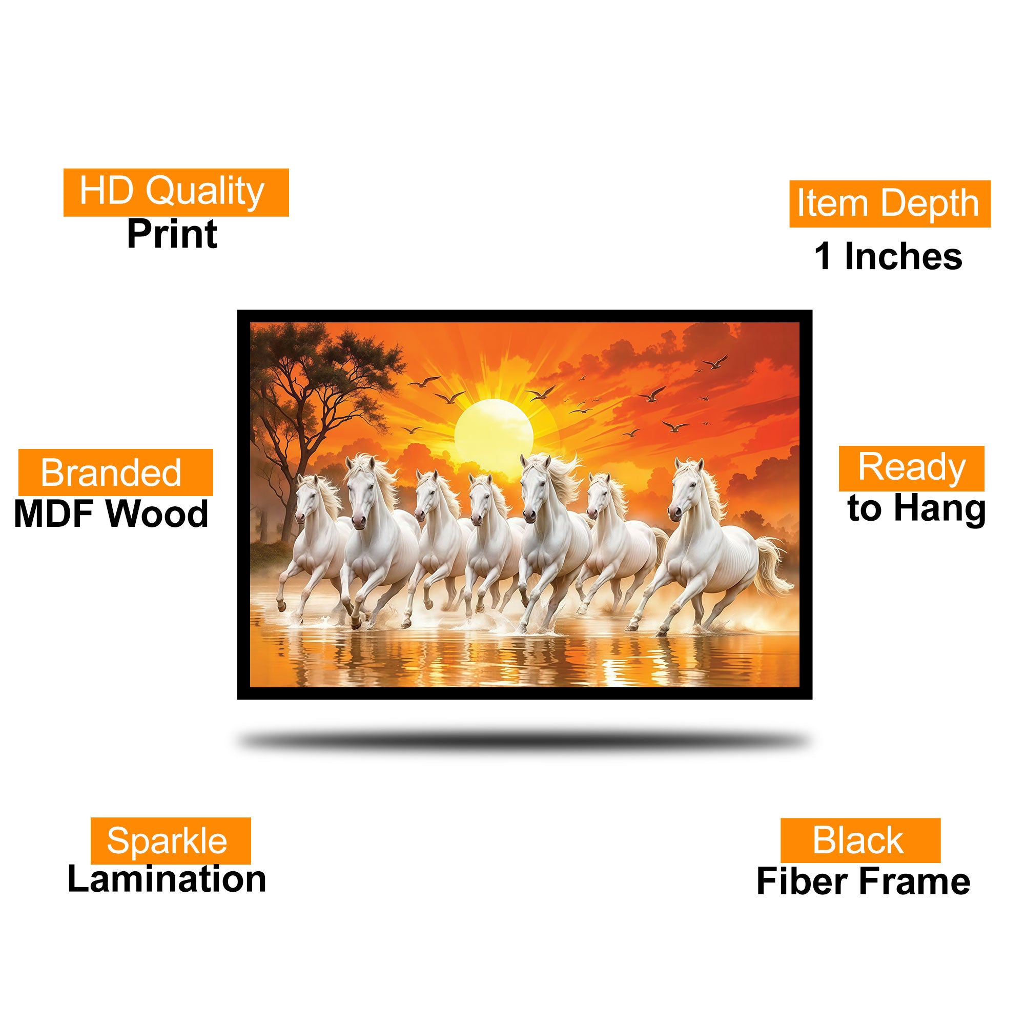The Castle Decor 7 Running White Horses Wall Painting, Sunrise Sunset Theme, Vastu Wall Art for Living Room, Office, Bedroom Decor 20X30 inch -1001