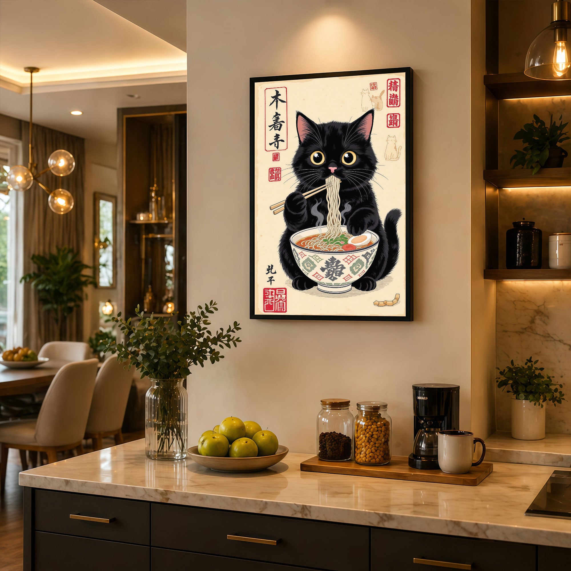 The Castle Decor Cute Cat Eating Ramen Wall Art Frame | Japanese Kitchen Decor | Sparkle Finish Painting with Premium Fiber Frame for Home, Café & Dining