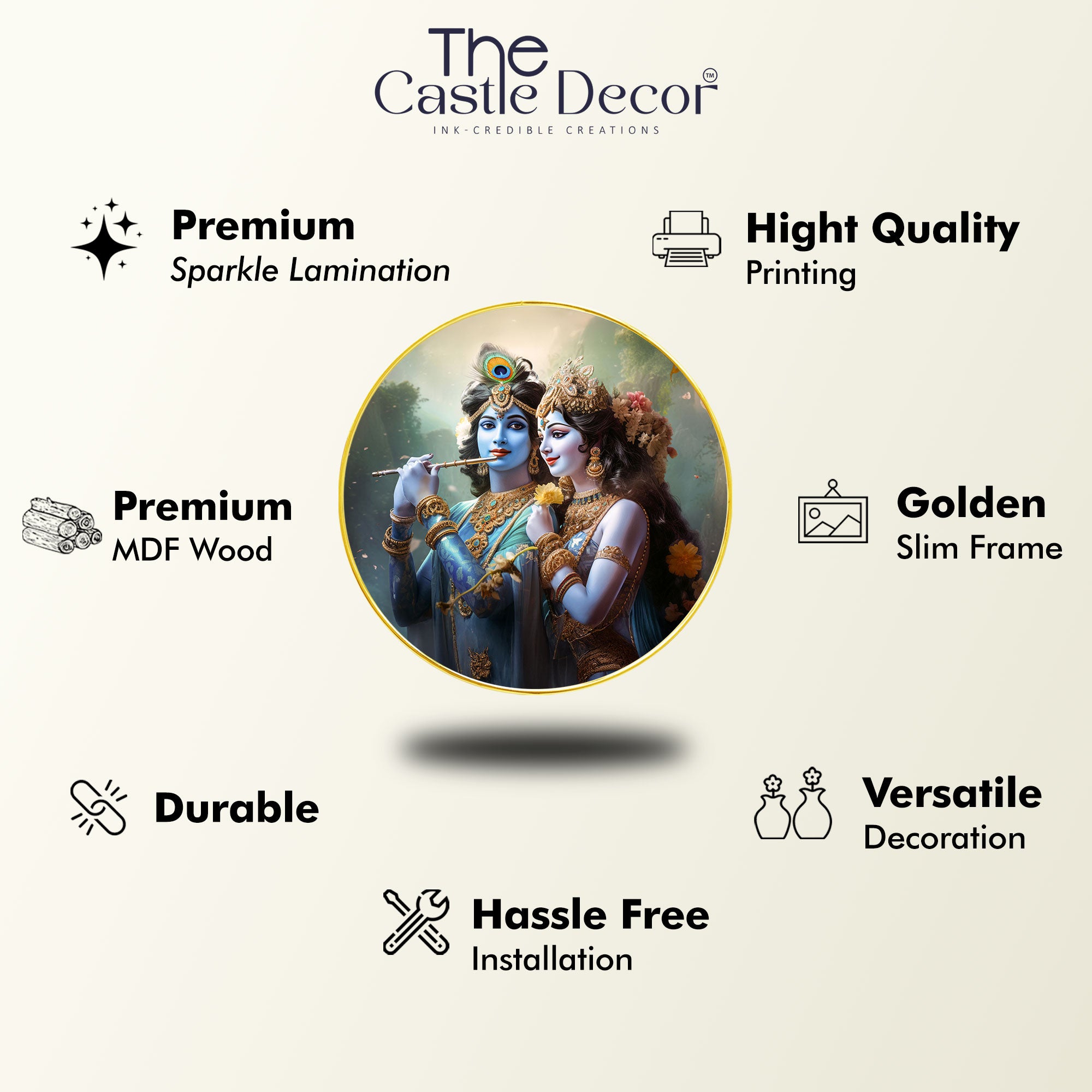 The Castle Decor Radha Krishna Round Wall Painting | Elegant Golden Frame Love Artwork for Living Room, Bedroom, Hotel & Gift Decoration