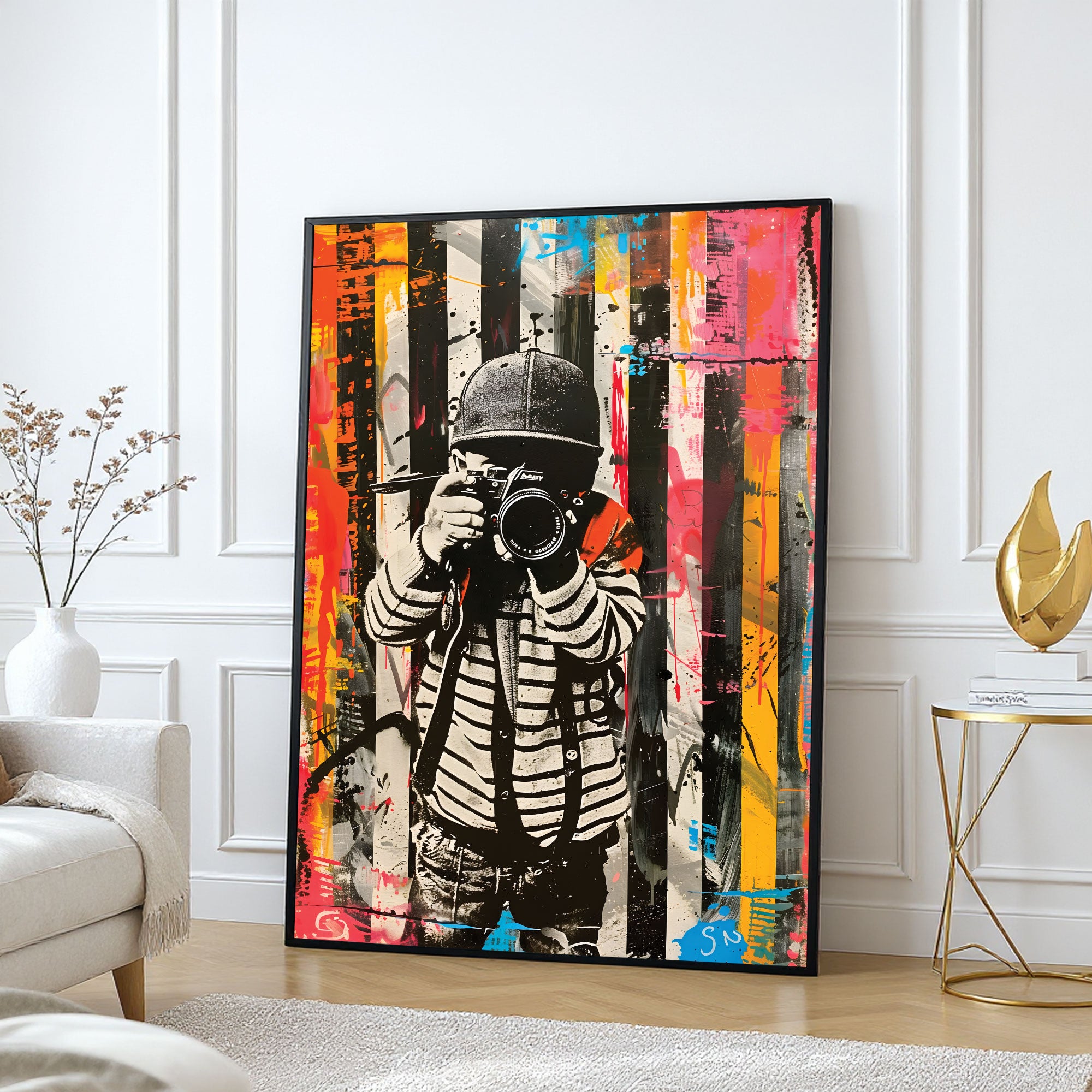 The Castle Decor Urban Photographer Street Art Wall Art – Modern Camera Artwork with Abstract Graffiti Background, Premium Sparkle Finish, 20×30 Inch Studio Wall Décor