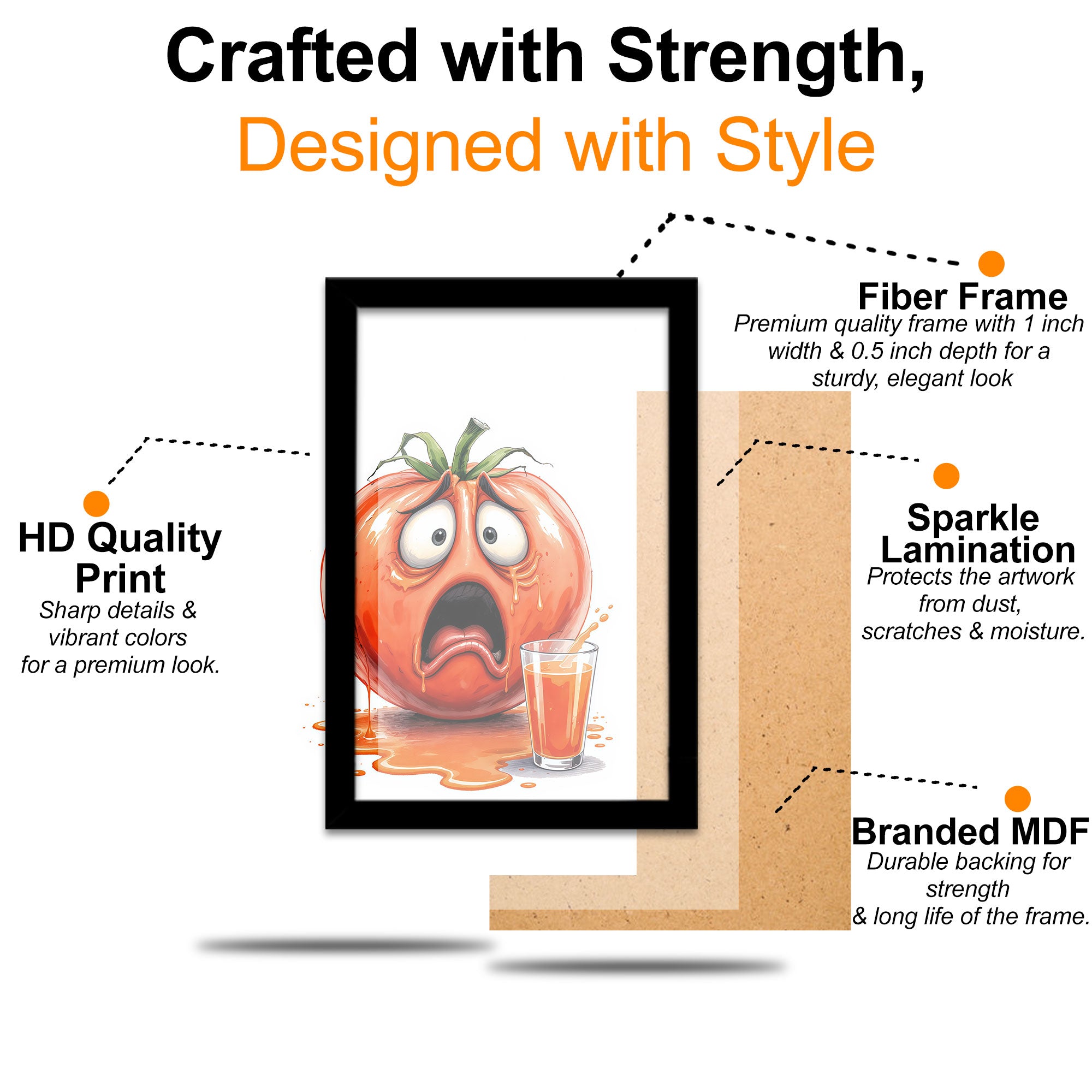 The Castle Decor Funny Kitchen Wall Art Set of 4 Frame | Cartoon Food Characters Decor | Sparkle Lamination Finish with Premium Fiber Frame for Kitchen & Café