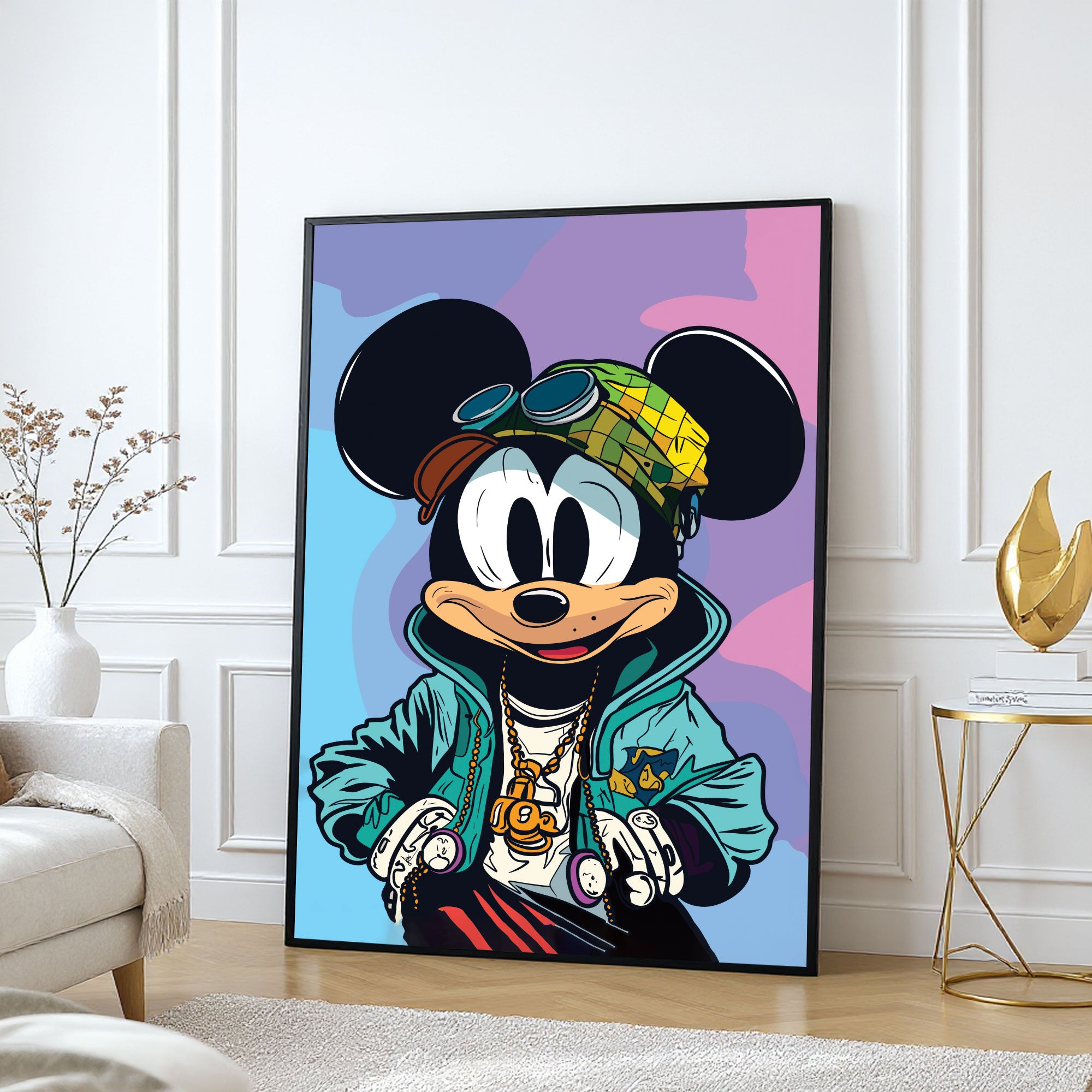 The Castle Decor Luxury Cartoon Street Style Wall Art – Urban Pop Art Character with Gold Chain & Hip Hop Vibe, Premium Sparkle Finish, 20×30 Inch Man Cave Décor
