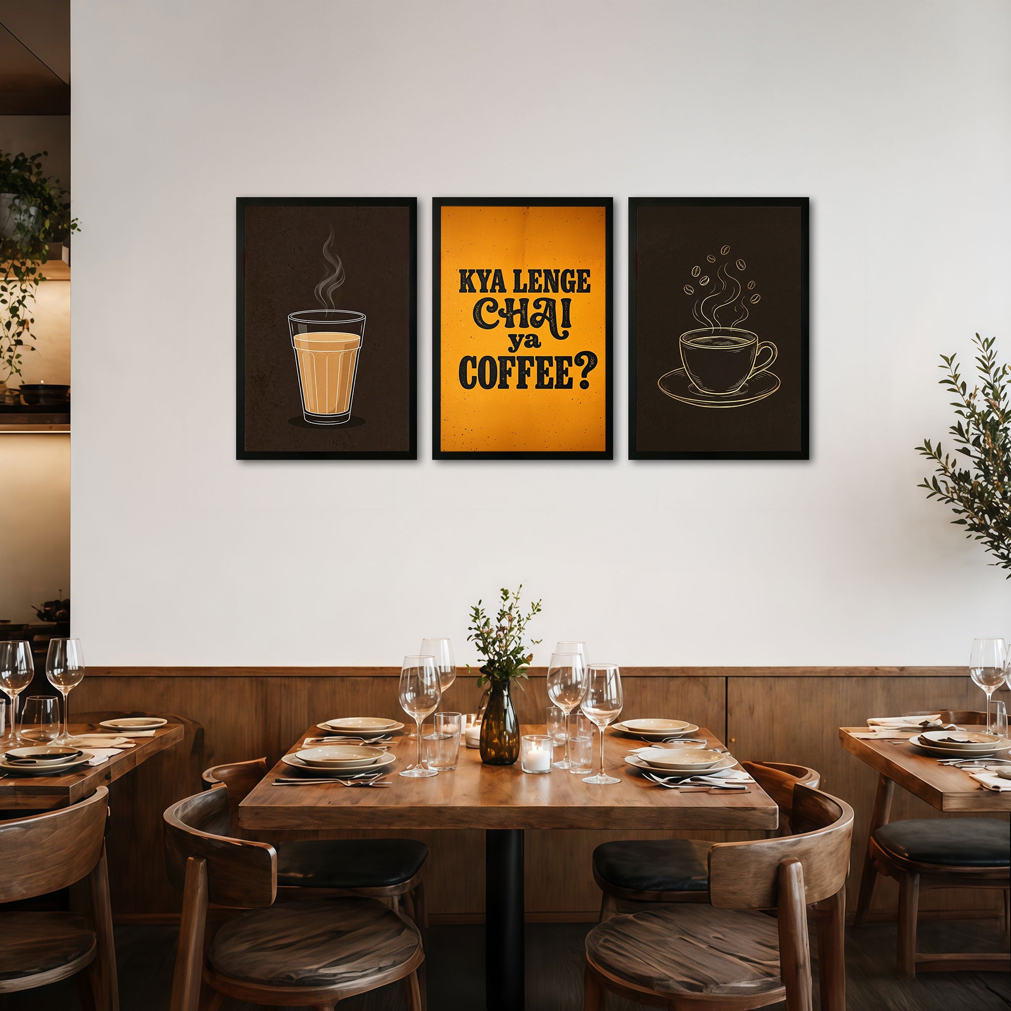 The Castle Decor Chai Coffee Wall Art Set of 3 Frame | “Kya Lenge Chai Ya Coffee” Kitchen Decor | Sparkle Lamination Finish with Premium Fiber Frame