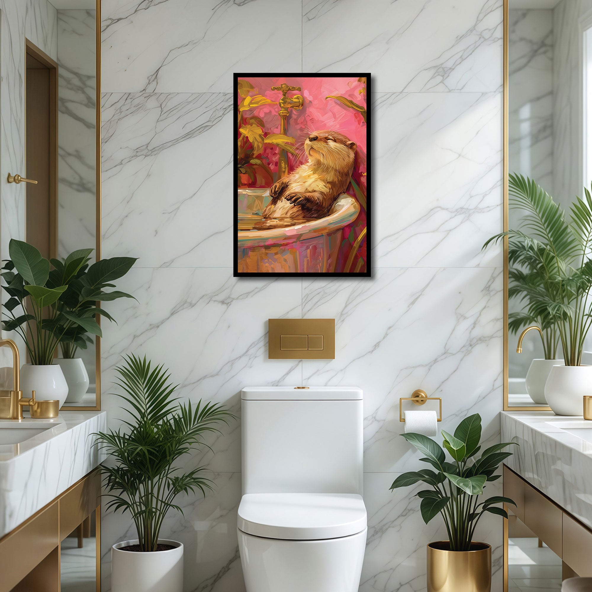 The Castle Decor Relaxing Otter Bathtub Wall Art | Luxury Animal Bathroom Decor | Funny Framed Bathroom Painting | Modern Washroom Artwork