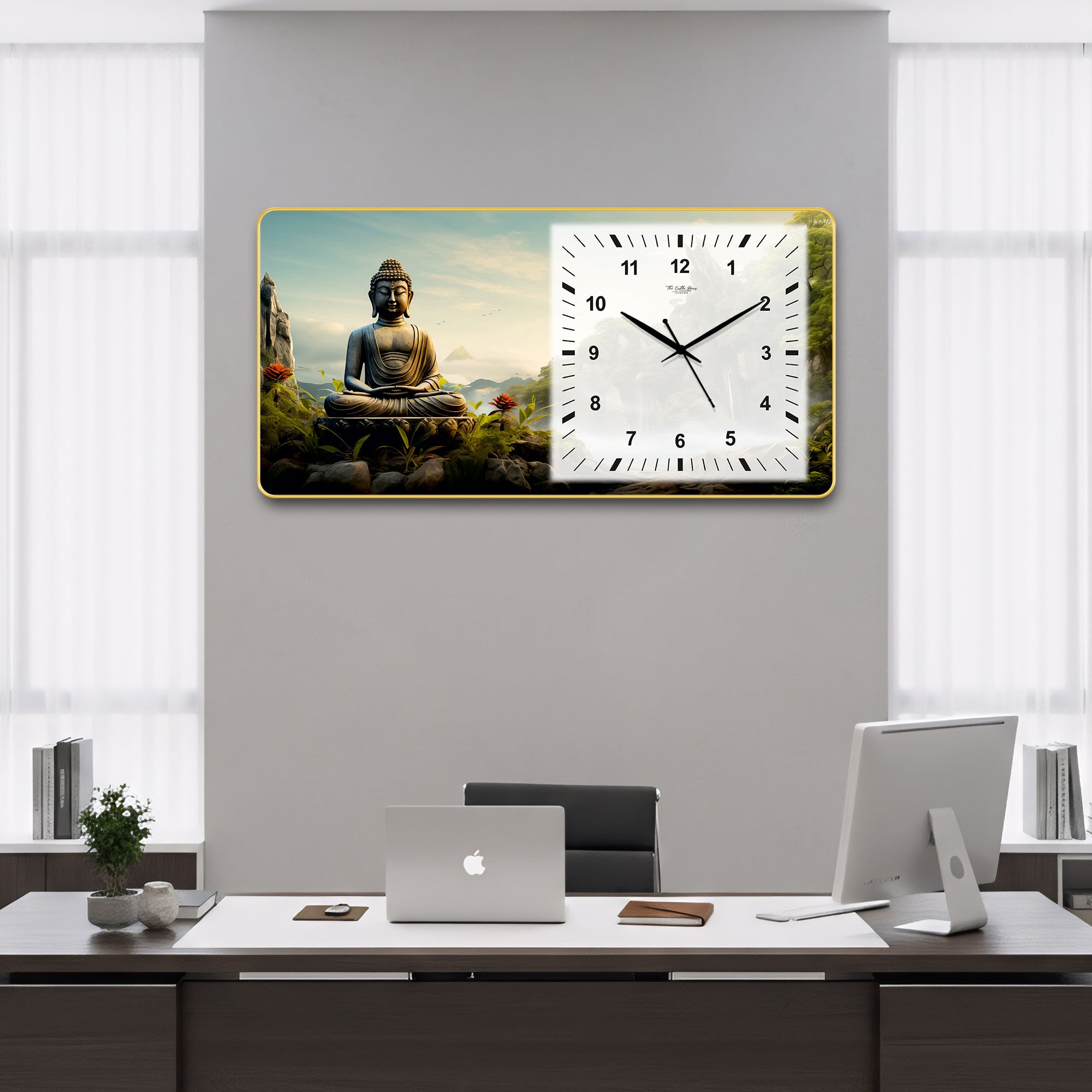 The Castle Decor Buddha Meditation Decorative Wall Clock 24x12 Inch, Silent Sweep Non-Ticking Modern Wall Clock with Golden Slim Frame