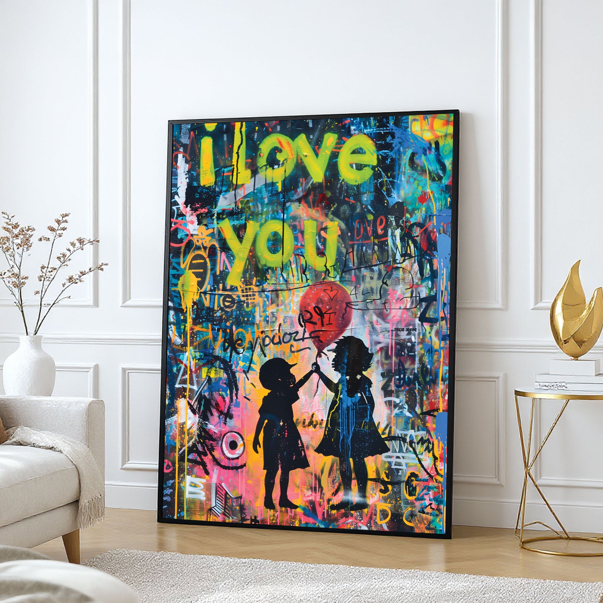 The Castle Decor Love You Street Art Wall Art – Romantic Graffiti Silhouette with Heart Balloon, Premium Sparkle Finish, 20×30 Inch Wall Décor for Bedroom & Living Space