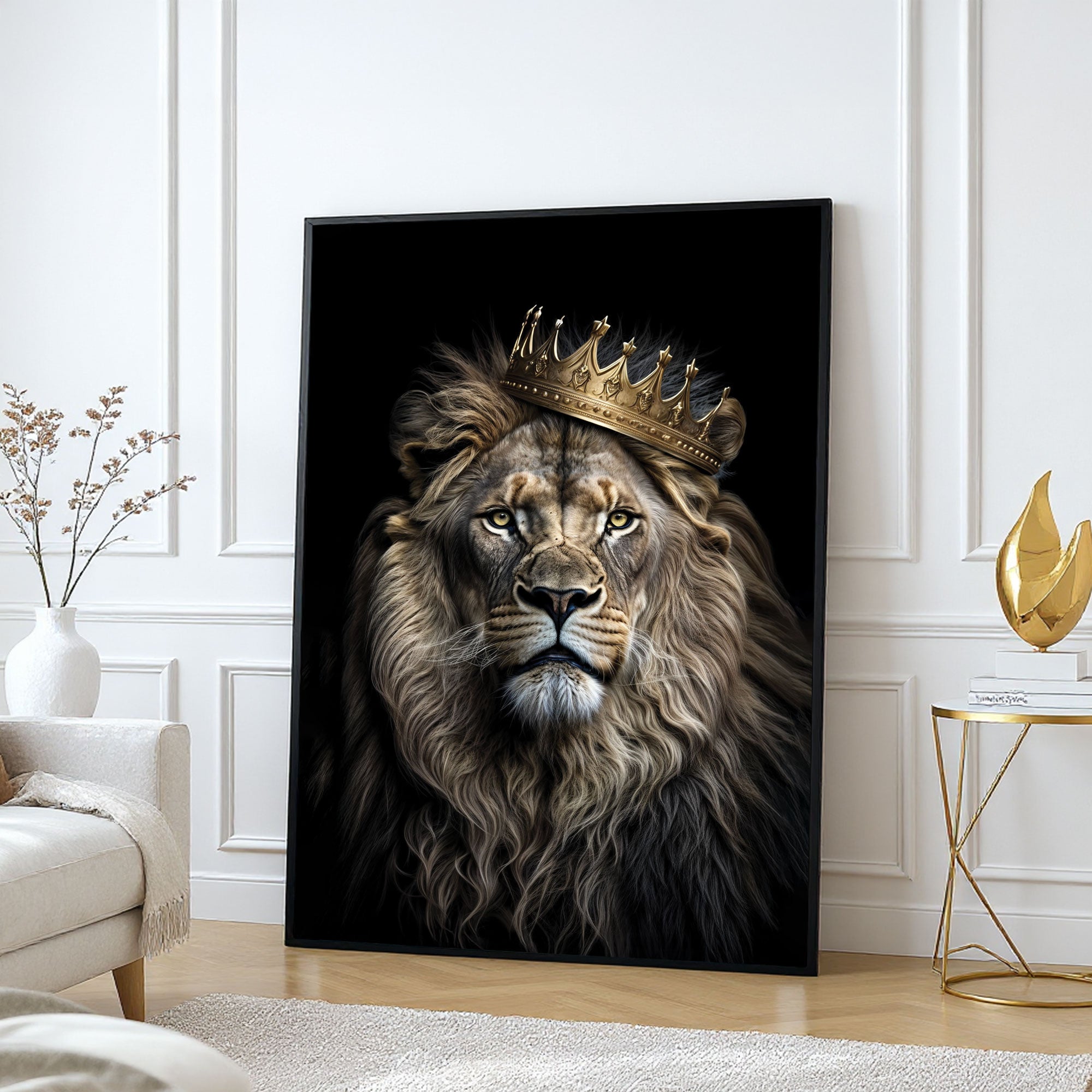 The Castle Decor Crowned Lion King Wall Art Poster, Royal Power Wildlife Artwork with Luxury Sparkle Finish, 20×30 Inch Wall Décor for Living Room & Office