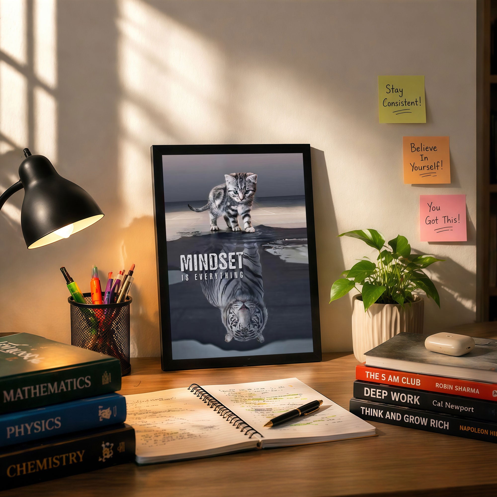 The Castle Decor Mindset Is Everything Wall Art Frame | Inspirational Tiger Reflection Motivational Decor for Home & Office