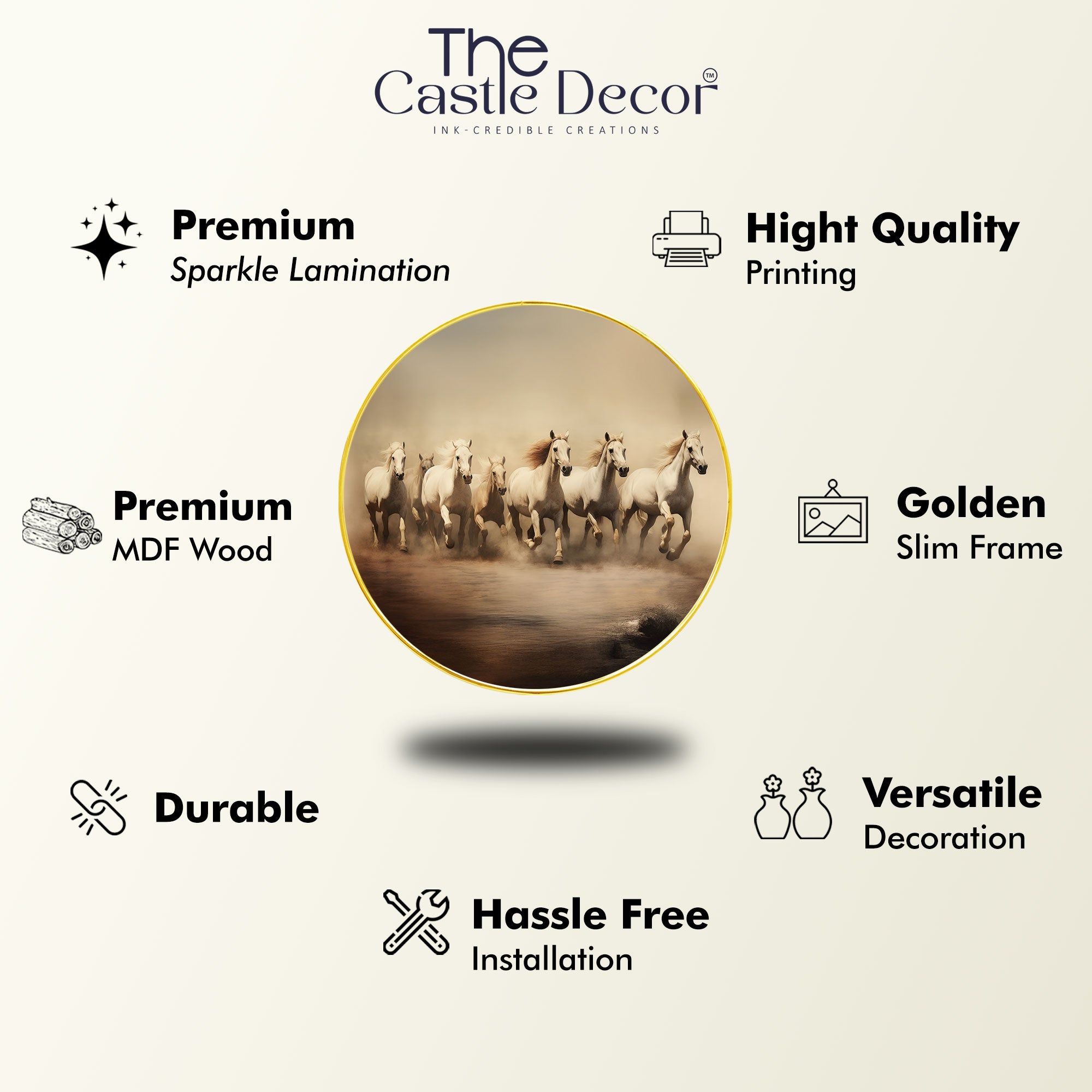 The Castle Decor 7 Running Horses Vastu Round Wall Art | Positive Energy Golden Frame Painting for Home, Hotel, Office & Gift Décor