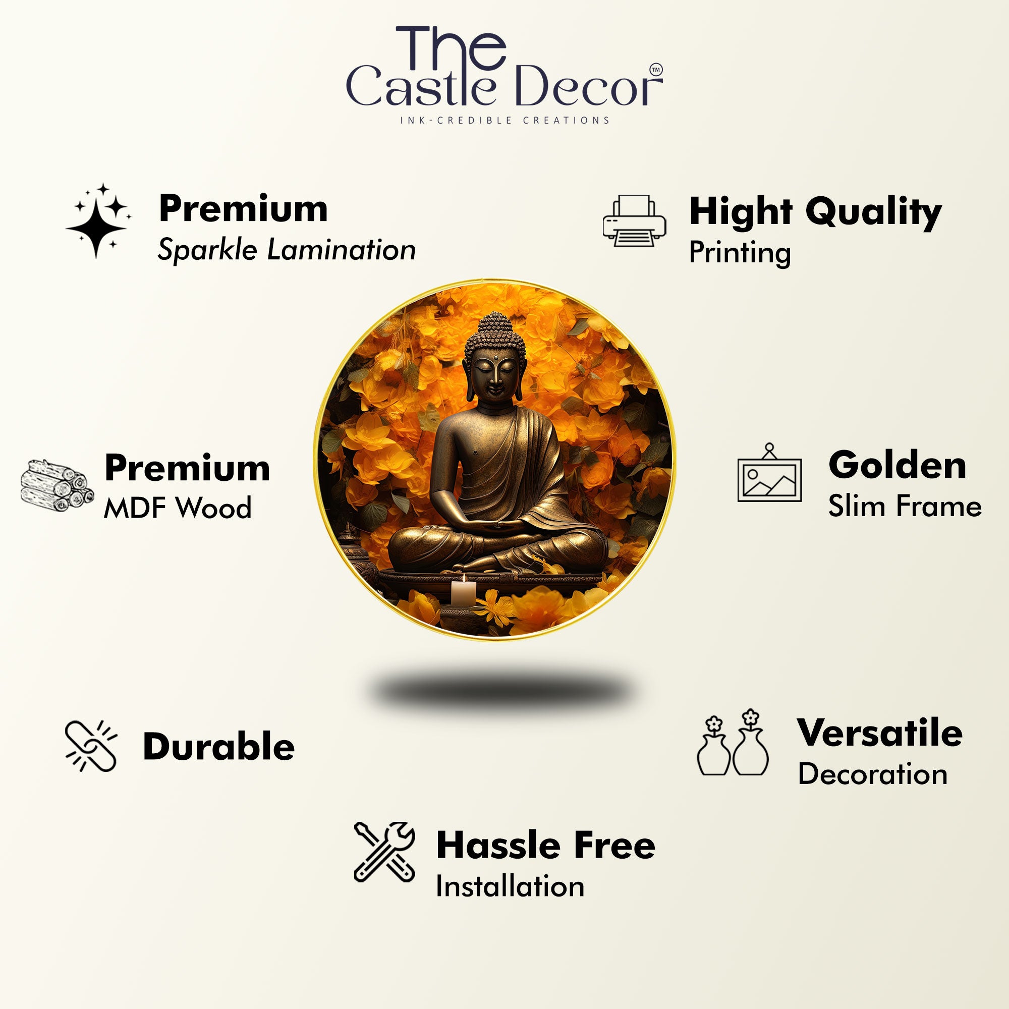 The Castle Decor Buddha Meditation Round Wall Art | Slim Golden Frame Wall Hanging for Home, Living Room, Office, Hotel & Gift Decoration