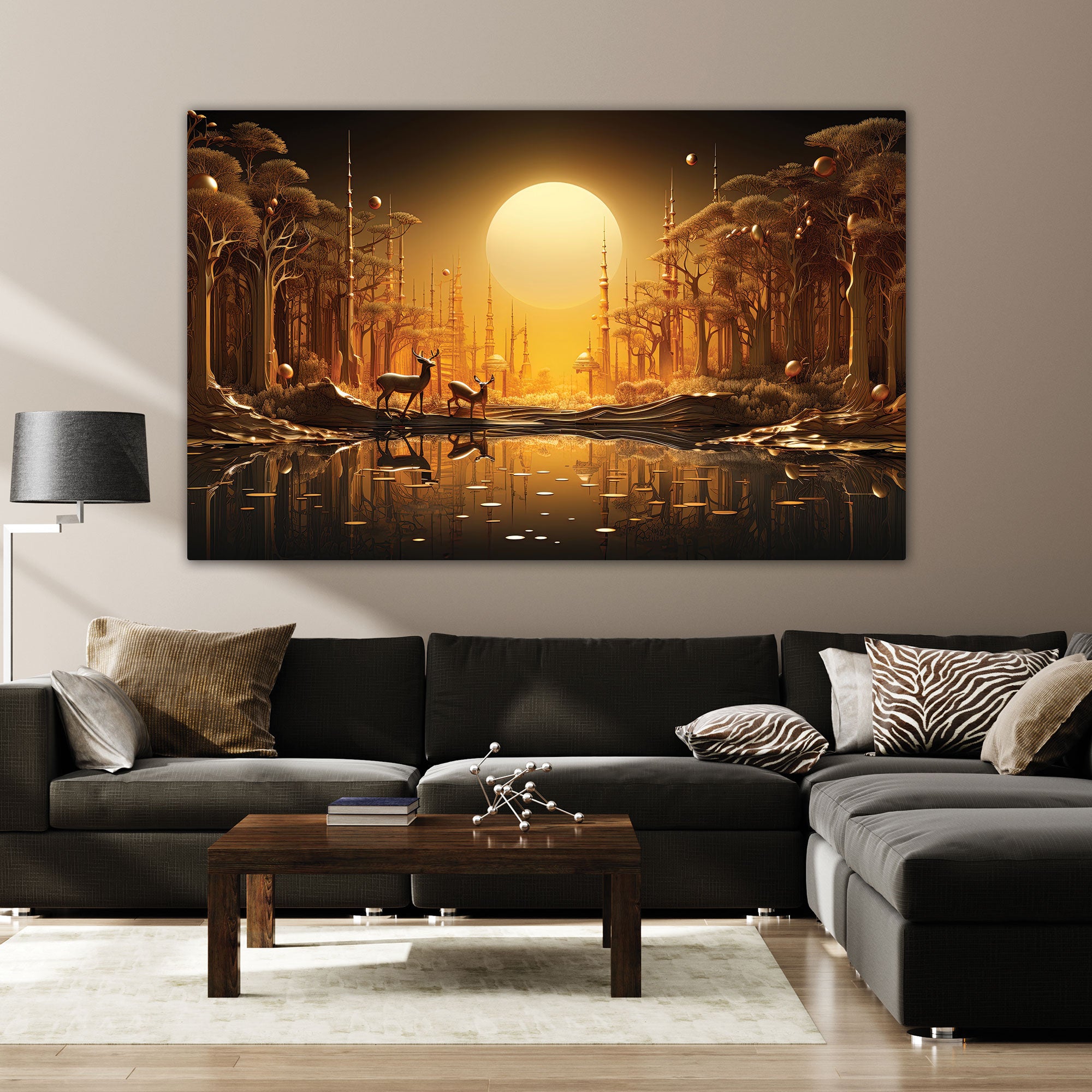Golden deer Canvas painting with frame Big Size Wall Art for living room,Bedroom,Drawing room,Hotels