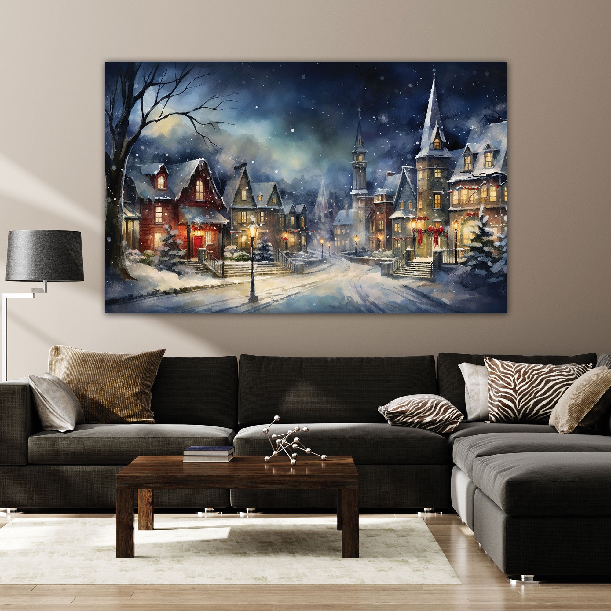 Vintage Christmas villlage Canvas painting with frame Big Size Wall Art for living room,Bedroom,Drawing room,Hotels