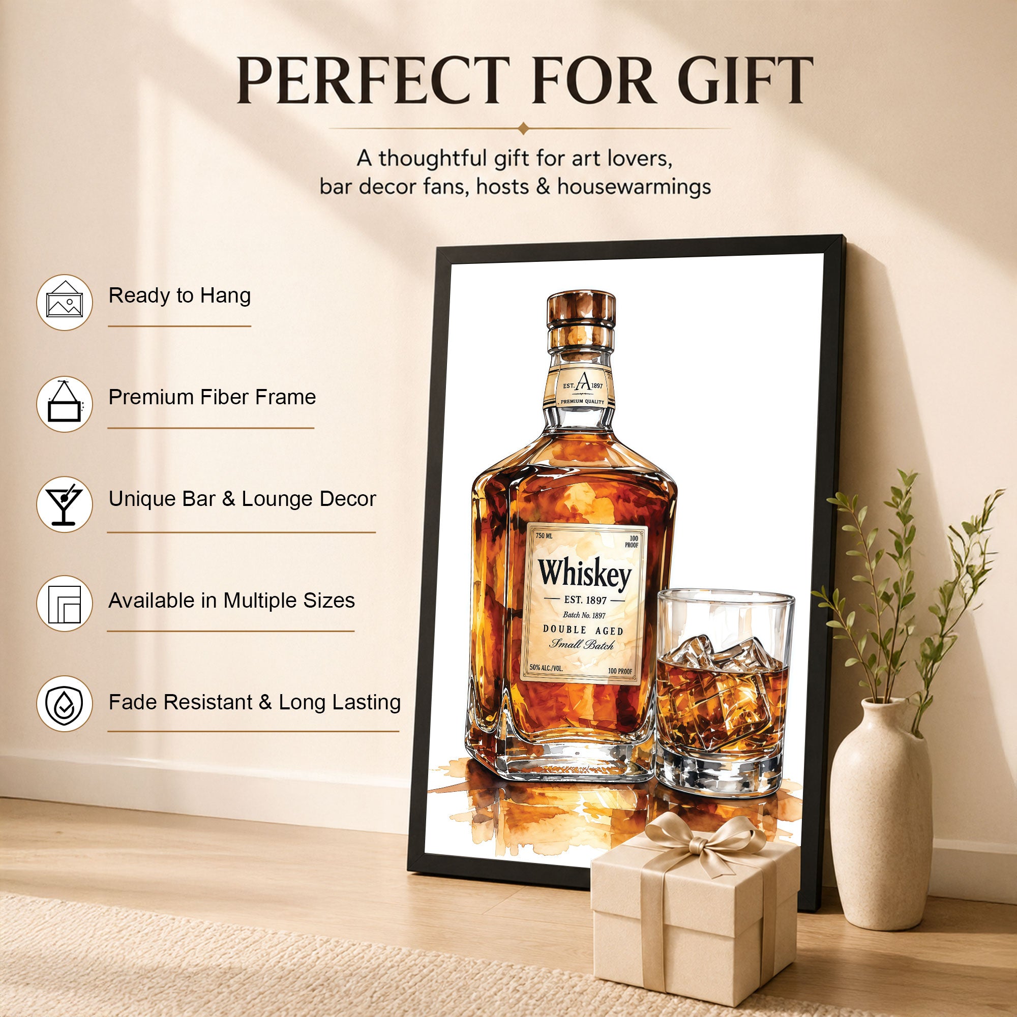 The Castle Decor Whiskey Bottle & Glass Wall Painting | Premium Bar Decor Art Print for Lounge, Pub, Man Cave & Home Bar