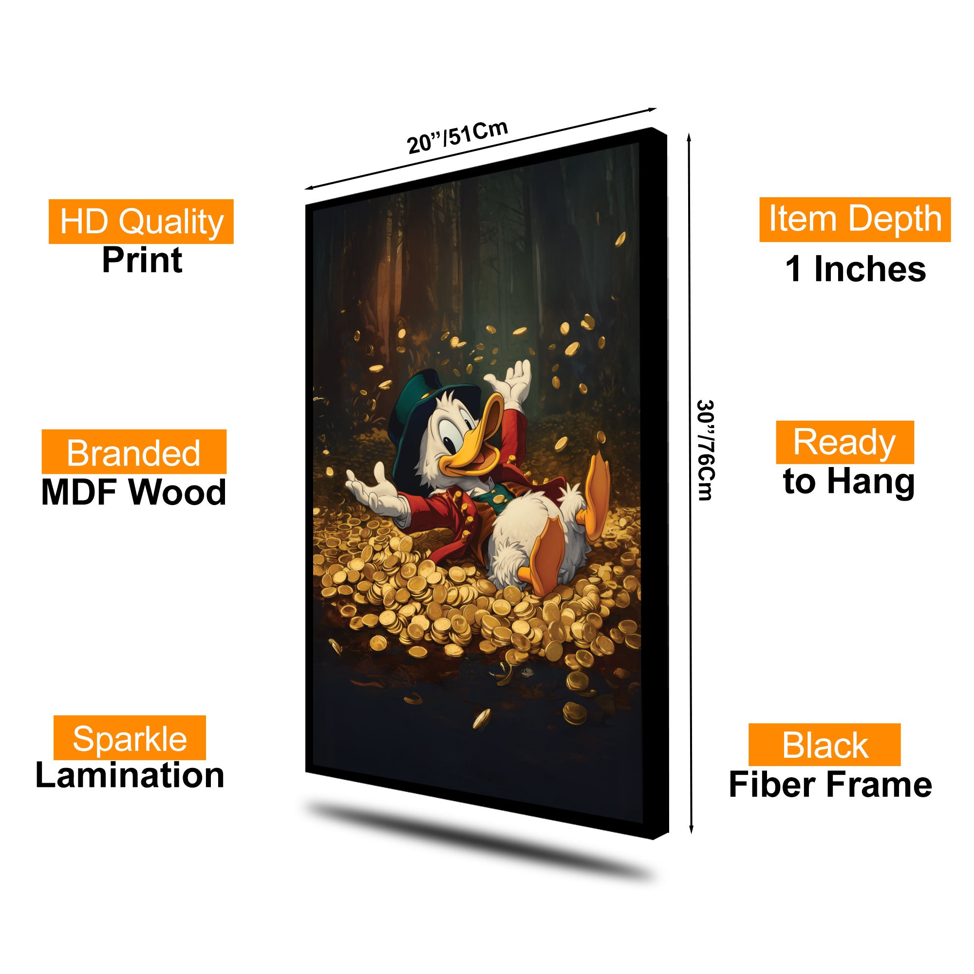 The Castle Decor Cartoon Millionaire Duck Wall Art, Gold Coin Celebration Fantasy Artwork with Premium Sparkle Finish, 20×30 Inch Wall Décor for Kids Room