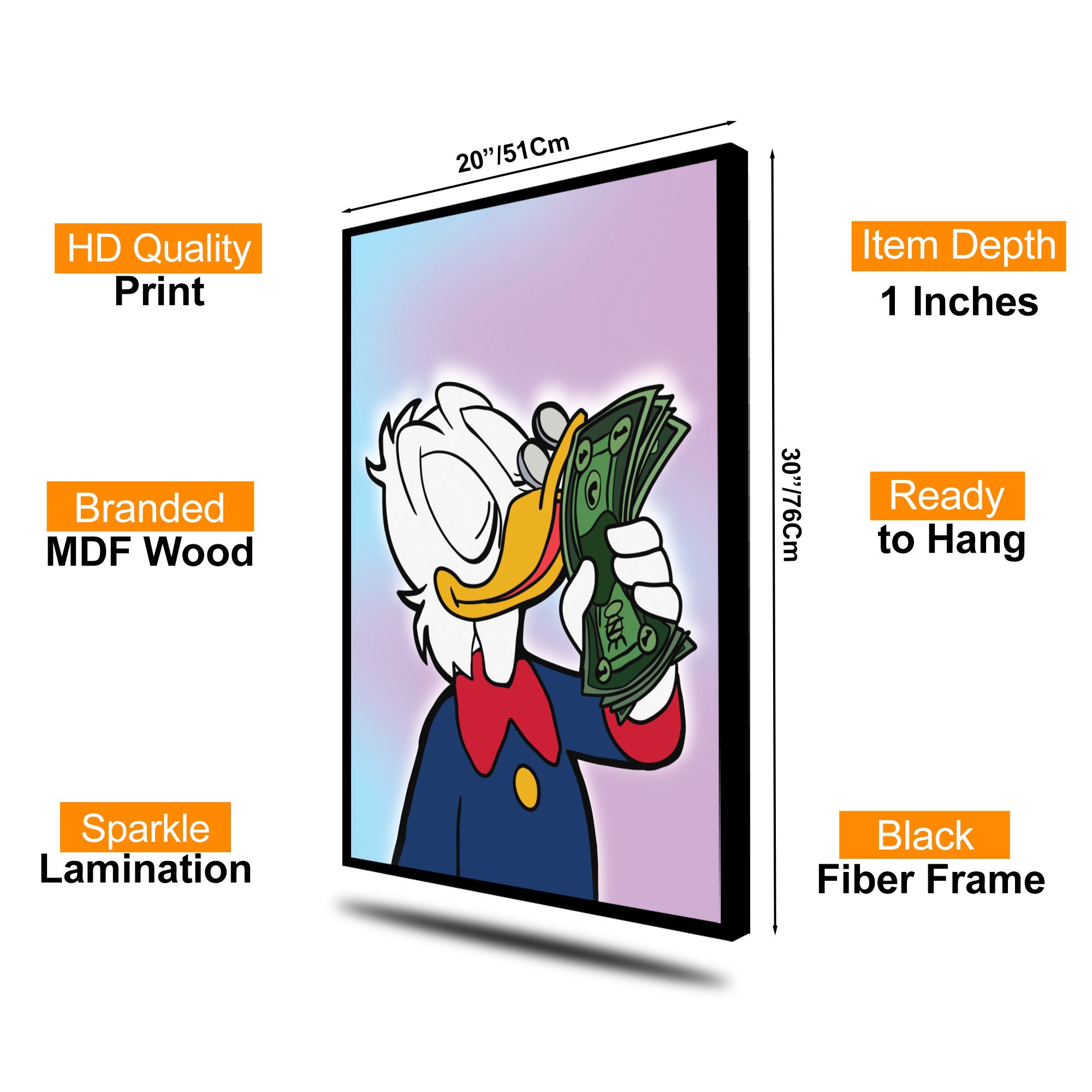 The Castle Decor Luxury Duck Money Pop Art Wall Art – Designer Cartoon Wealth Illustration with Cash Theme, Premium Sparkle Finish, 20×30 Inch Wall Décor for Office
