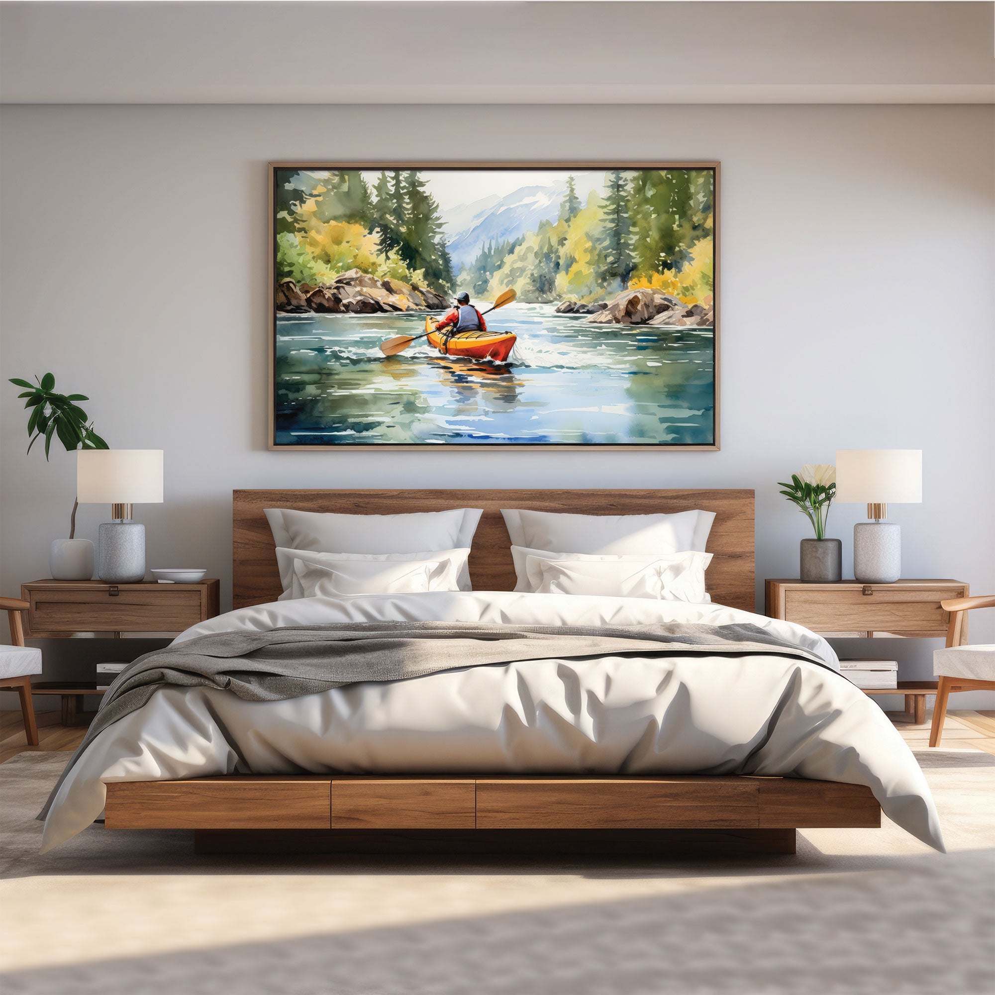 Man paddling in river Canvas painting with frame Big Size Wall Art for living room,Bedroom,Drawing room,Hotels