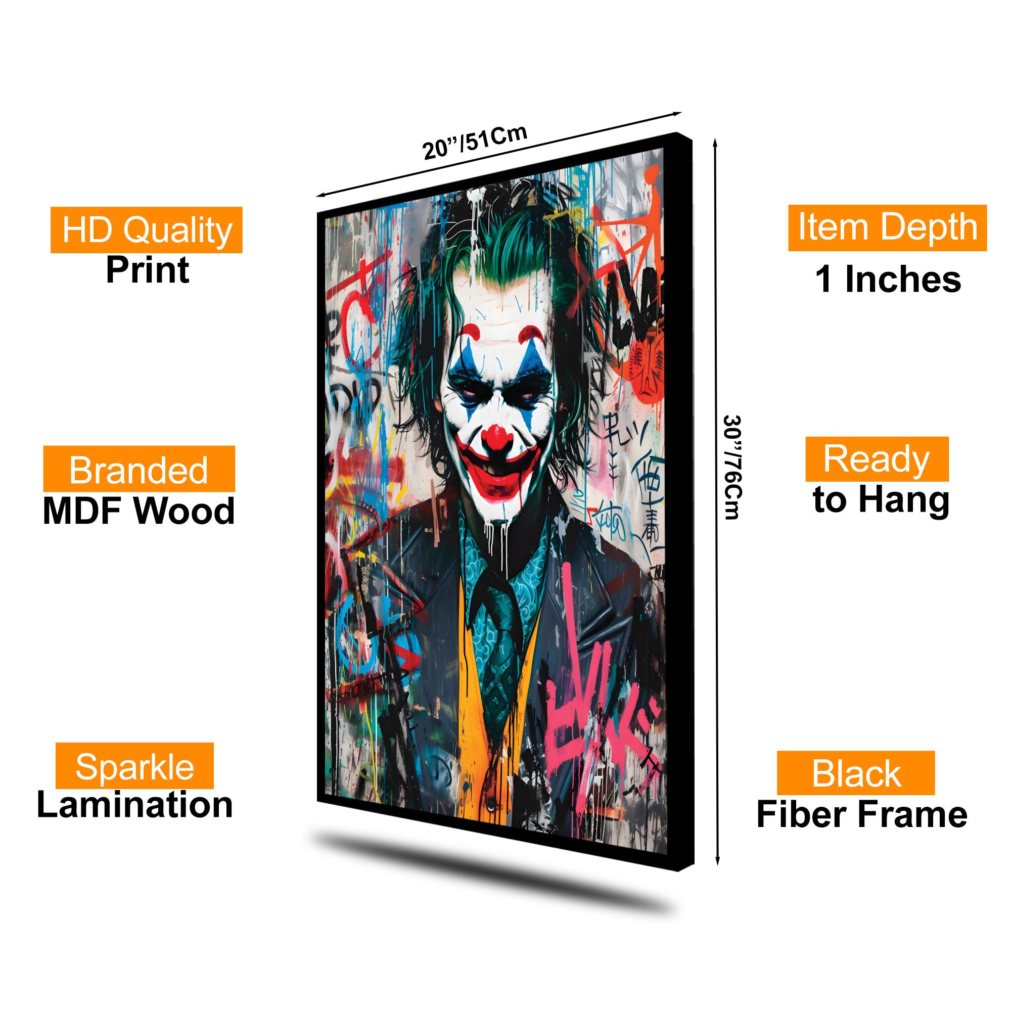 The Castle Decor Joker Graffiti Wall Art – Dark Pop Art Street Style Portrait with Premium Sparkle Finish, 20×30 Inch Wall Décor for Man Cave & Creative Room