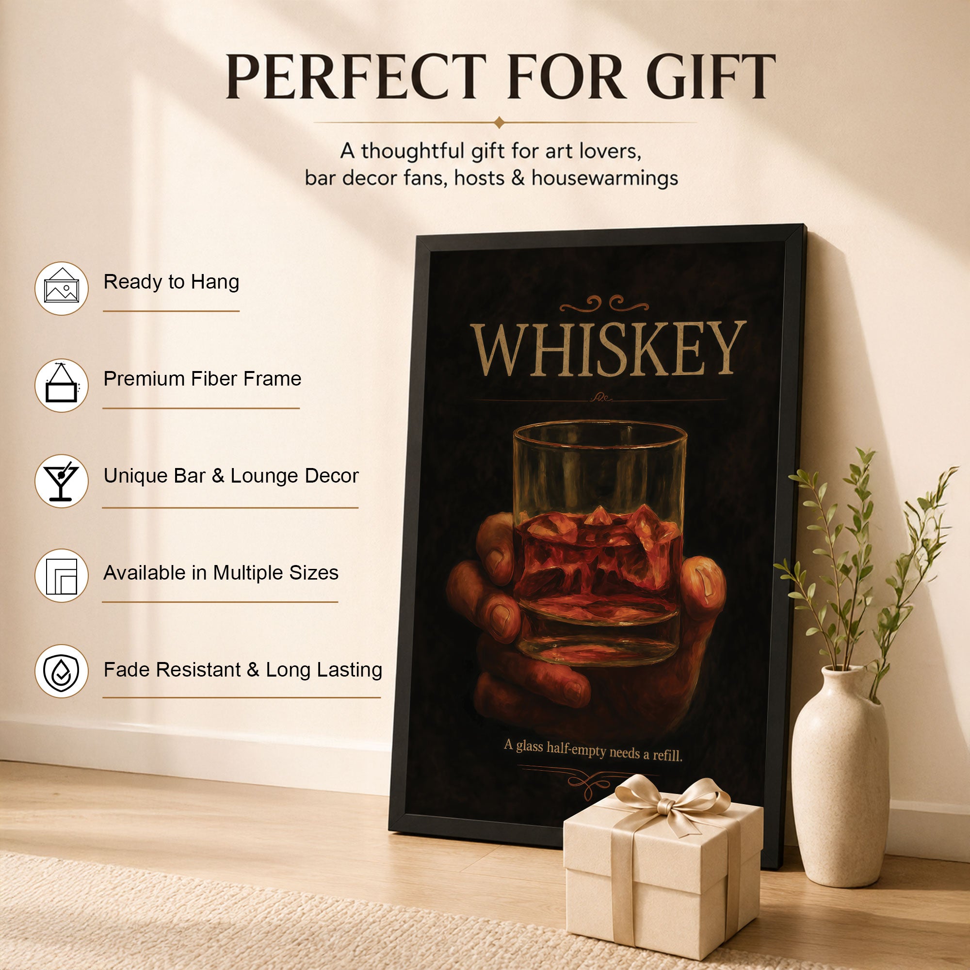 The Castle Decor Whiskey Wall Art Poster – A Glass Half Empty Needs A Refill | Vintage Bar Decor for Pub, Lounge & Home Bar
