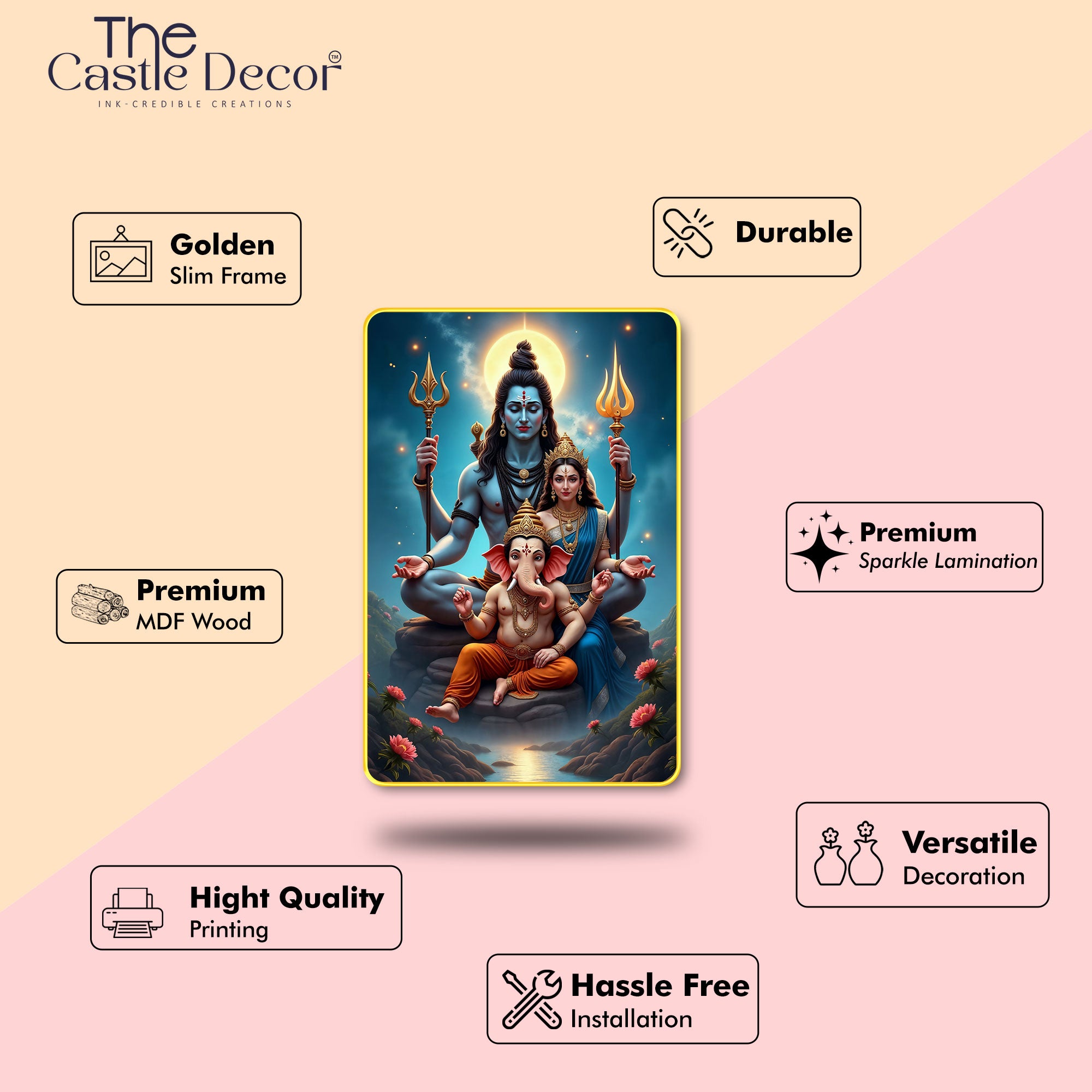 The Castle Decor Lord Shiva Family Wall Décor | Sparkle Laminated Digital Art in Golden Slim MDF Frame | Perfect for Temple, Home & Office 20X30 Inches