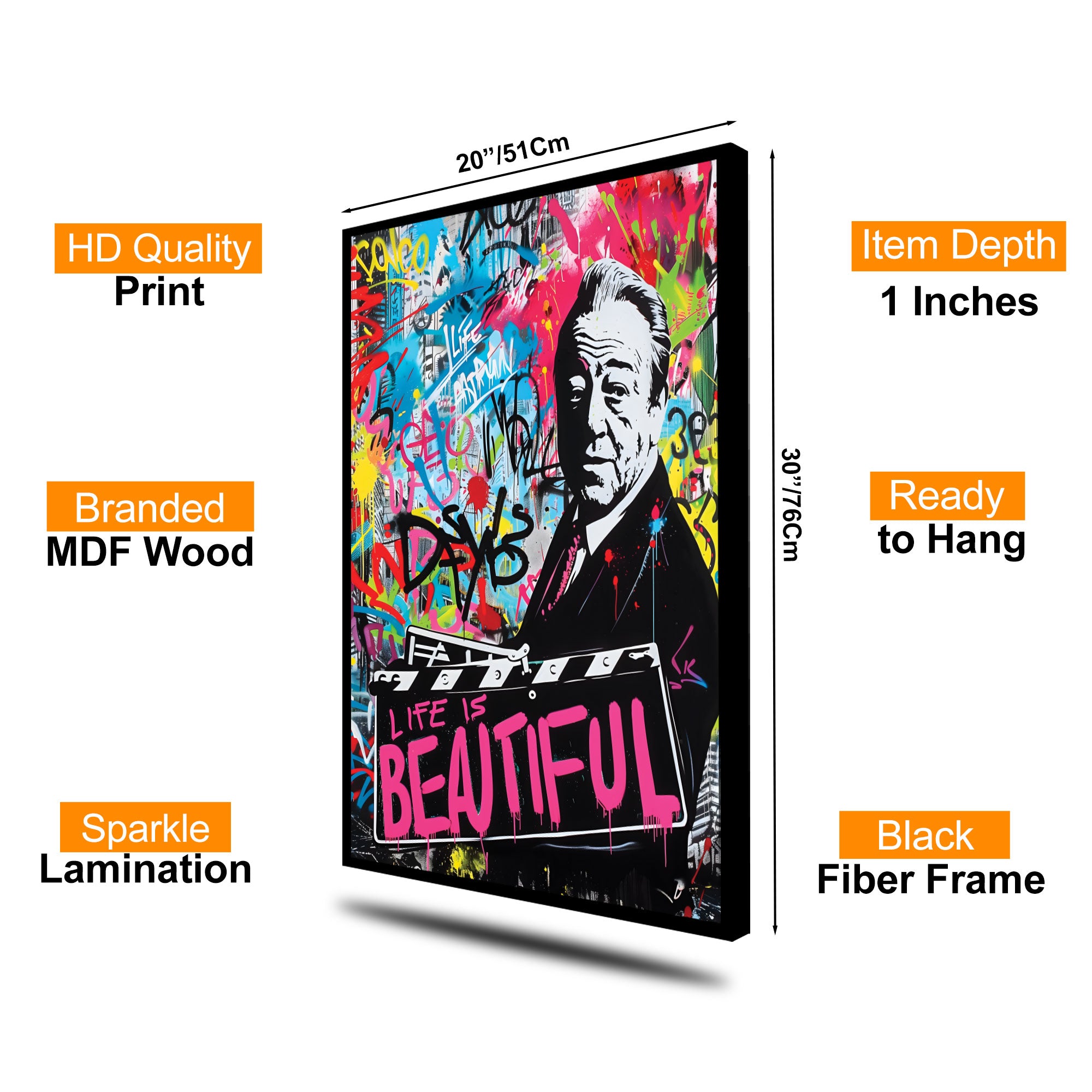 The Castle Decor Life Is Beautiful Pop Art Wall Art – Cinematic Graffiti Portrait Motivational Artwork with Premium Sparkle Finish, 20×30 Inch Wall Décor for Home & Office