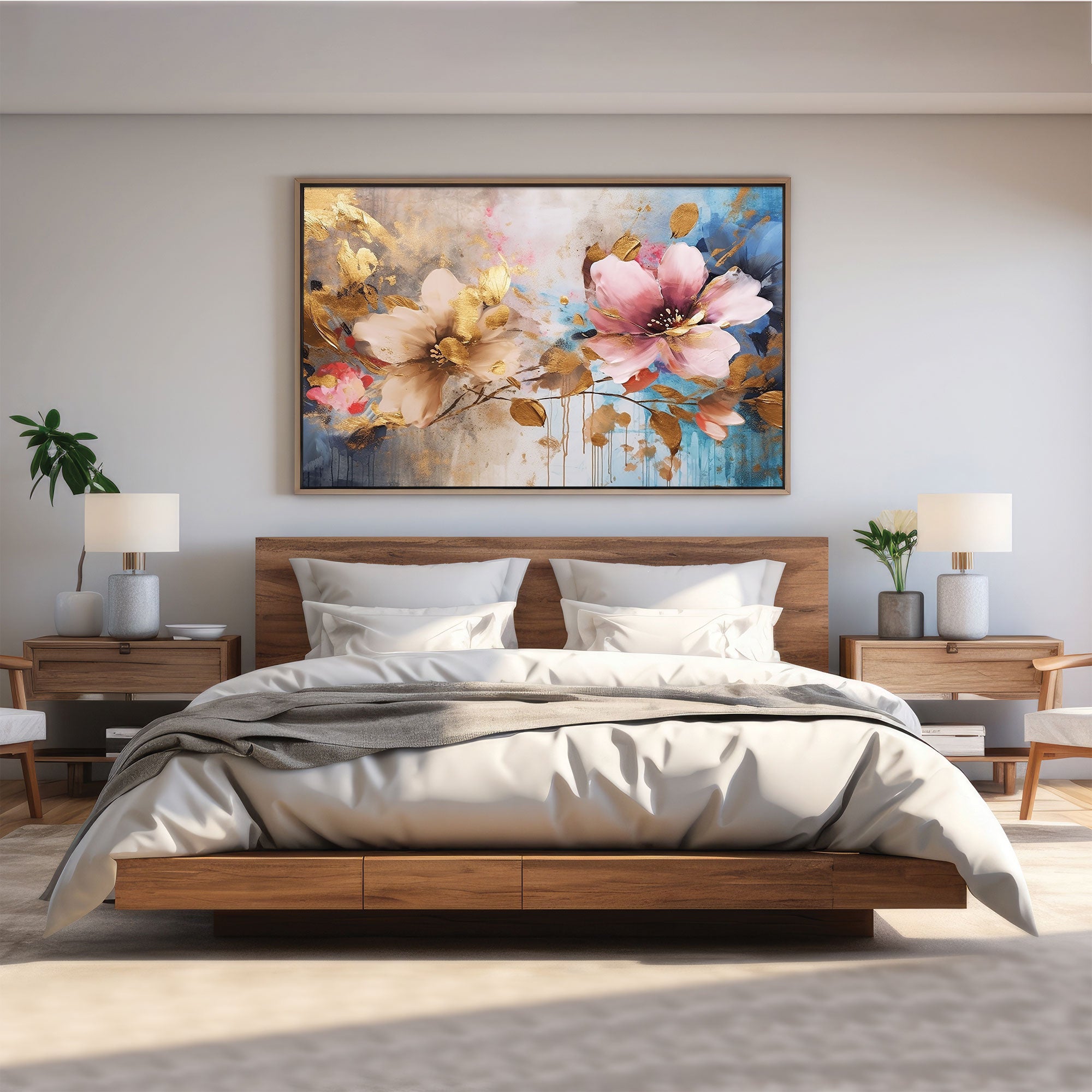 The Castle Decor multiple flower canvas/Sparkle painting with frame Big Size Wall Art for living room,Bedroom,Drawing room,Hotels-Wooden Framed-Digital Painting