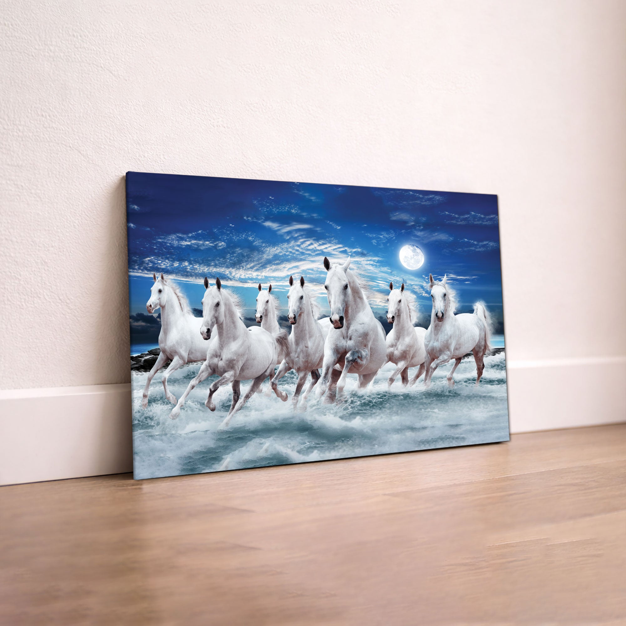 The Castle Decor 7 Running White Horses Wall Painting, Sunrise Sunset Theme, Vastu Wall Art for Living Room, Office, Bedroom Decor 12x18 inch 1006