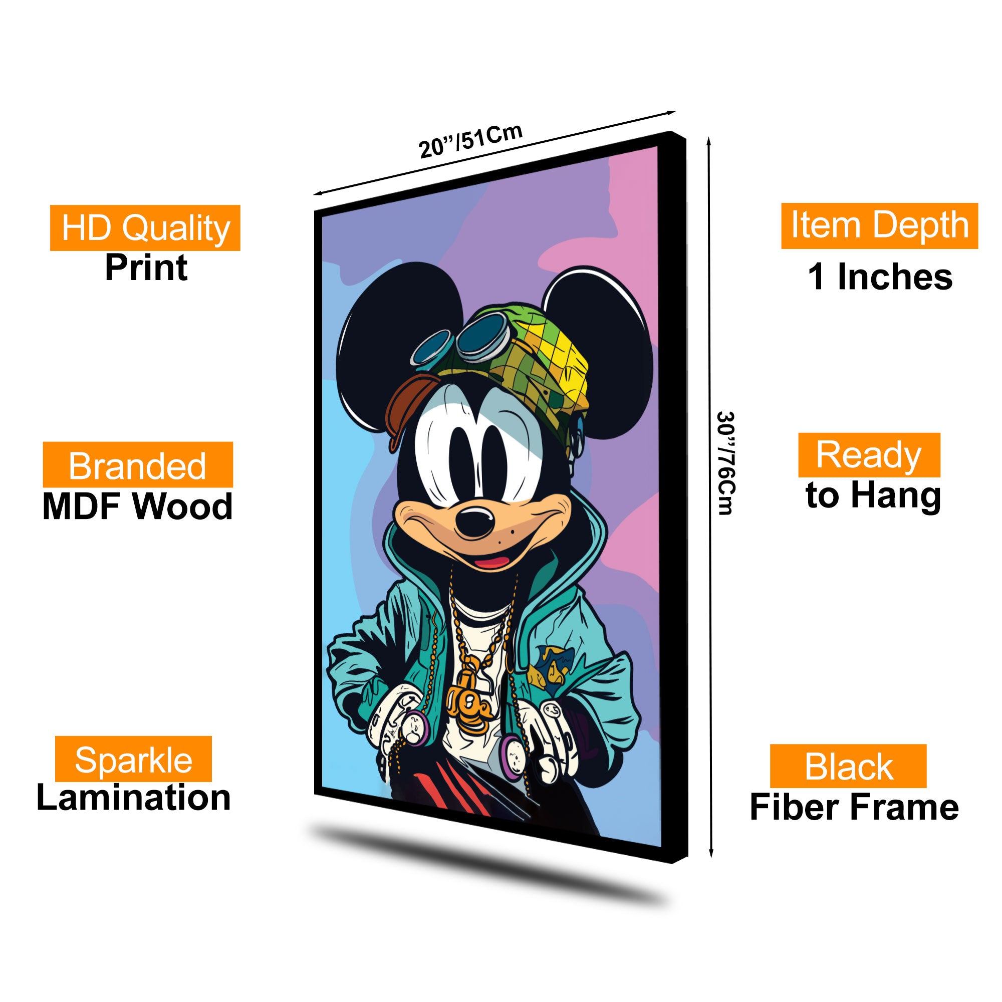 The Castle Decor Luxury Cartoon Street Style Wall Art – Urban Pop Art Character with Gold Chain & Hip Hop Vibe, Premium Sparkle Finish, 20×30 Inch Man Cave Décor