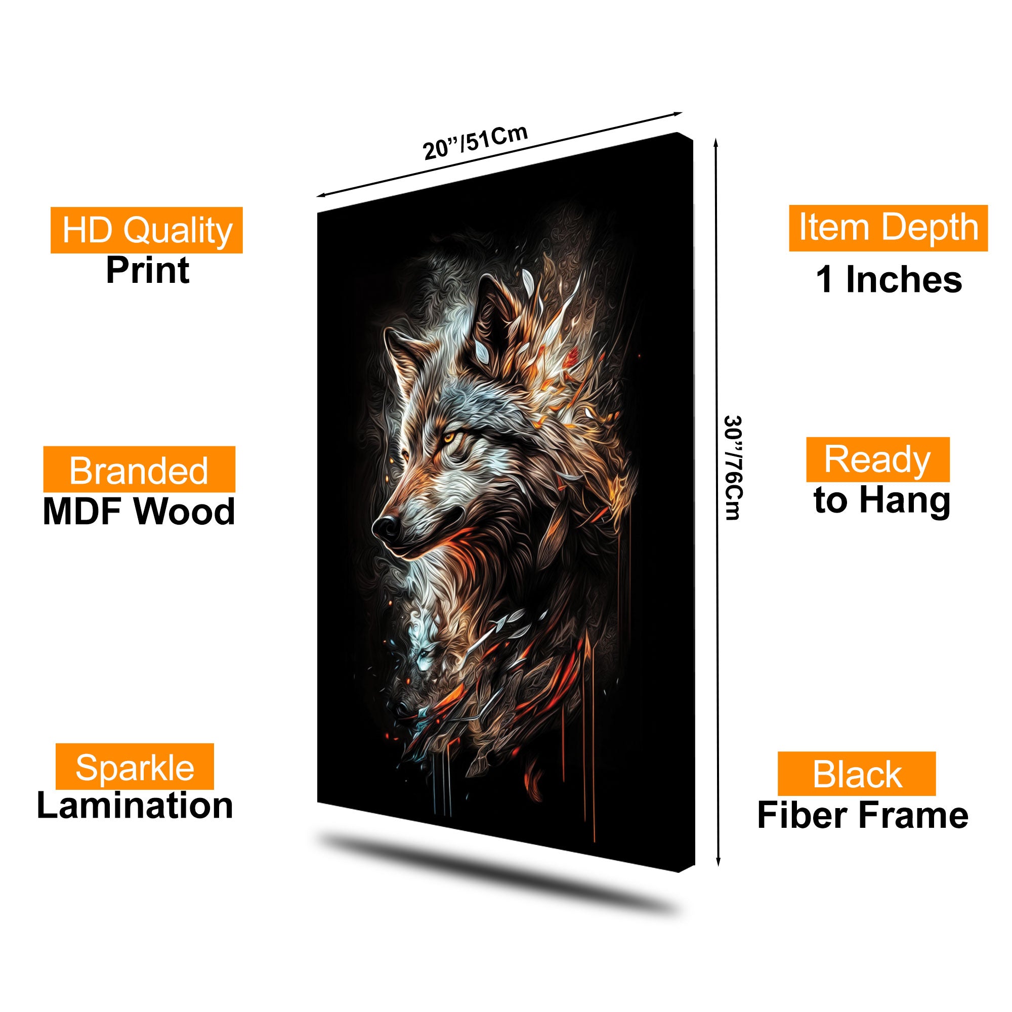 The Castle Decor Wolf Fire Spirit Wall Art, Powerful Wildlife Abstract Artwork with Premium Sparkle Finish, 20×30 Inch Wall Décor for Bedroom & Office