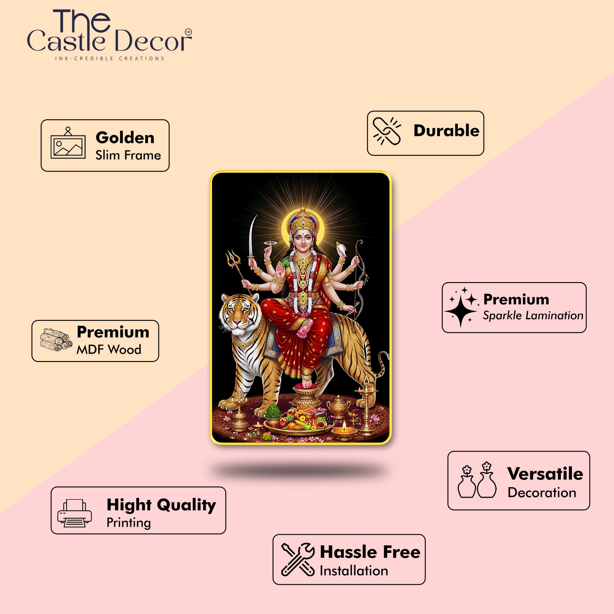 The Castle Decor Maa Durga Sparkle Laminated Digital Print | Golden Slim Frame Wall Hanging | Perfect for Pooja Room, Home Temple & Gift Purpose 20X30 Inches