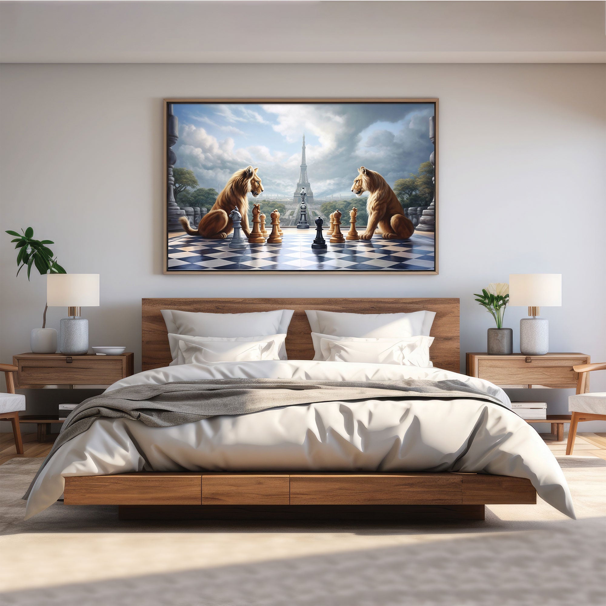 Lions play game chess Canvas painting with frame Big Size Wall Art for living room,Bedroom,Drawing room,Hotels