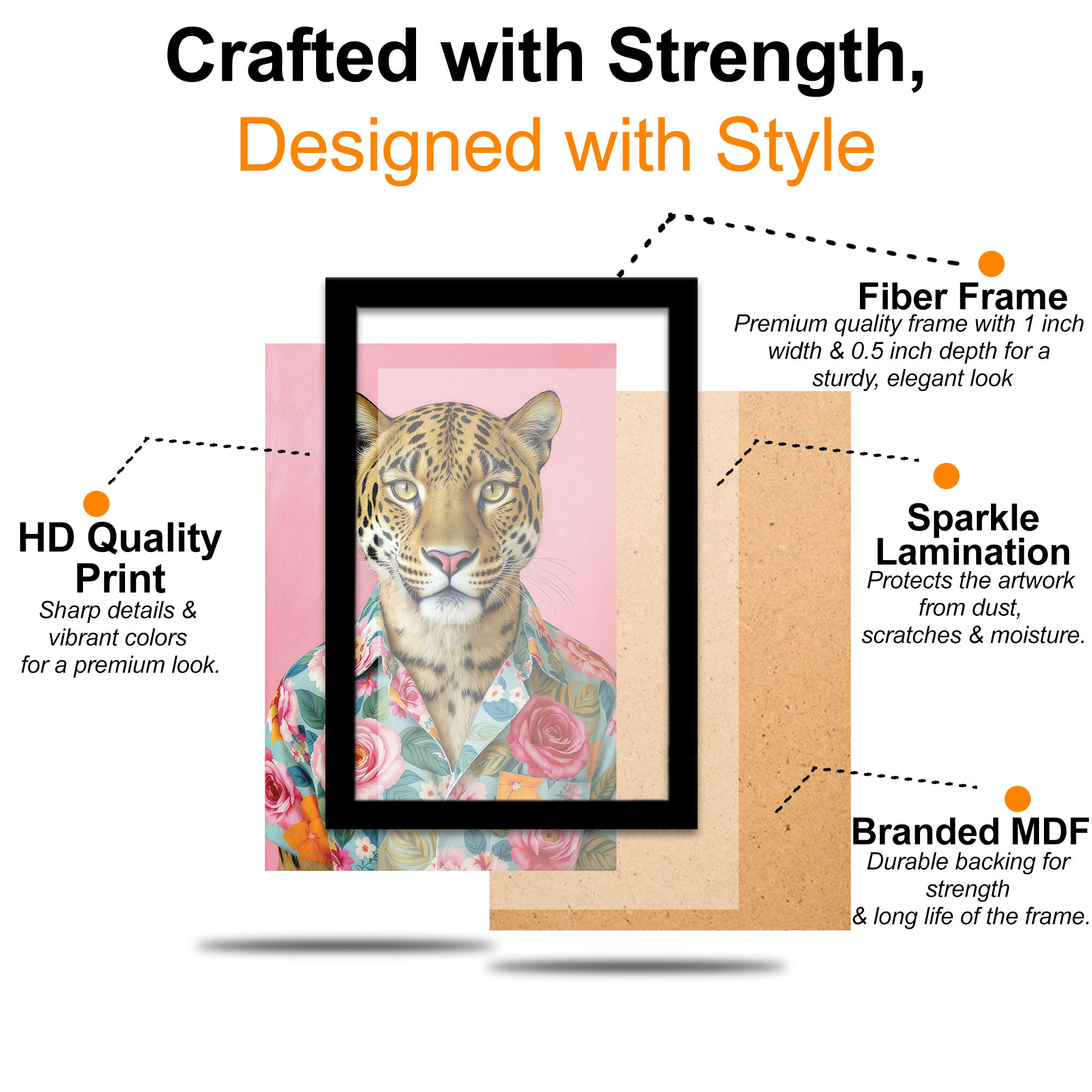 The Castle Decor Stylish Leopard in Floral Hawaiian Shirt Framed Wall Art – Cool Jungle Wild Cat Portrait Framed Poster, Vibrant Pink Bathroom & Living Room Wall Decor