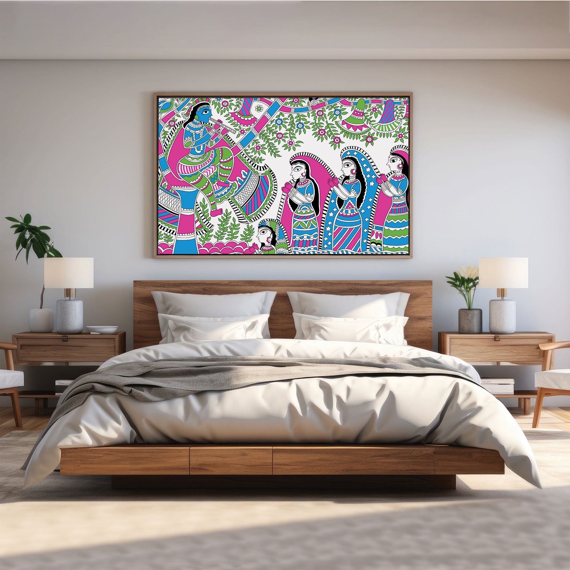 Vintage madhubani Canvas painting with frame Big Size Wall Art for living room,Bedroom,Drawing room,Hotels