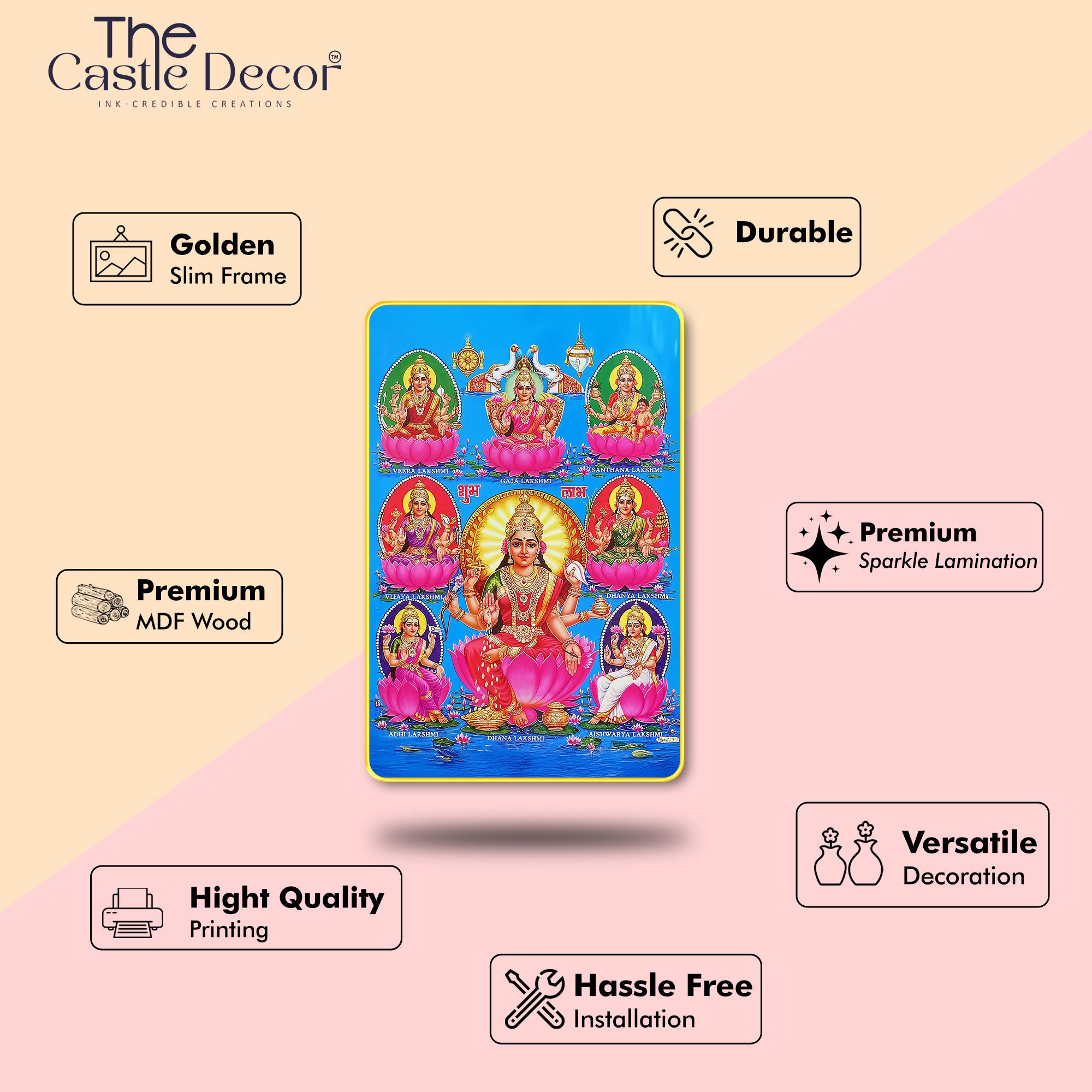 The Castle Decor AstaLakshmi Wall Art Frame 20X30 Inch | Sparkle Laminated Digital Print on MDF | Gold Slim Frame | Hindu Goddess Lakshmi for Home, Temple & Office Décor