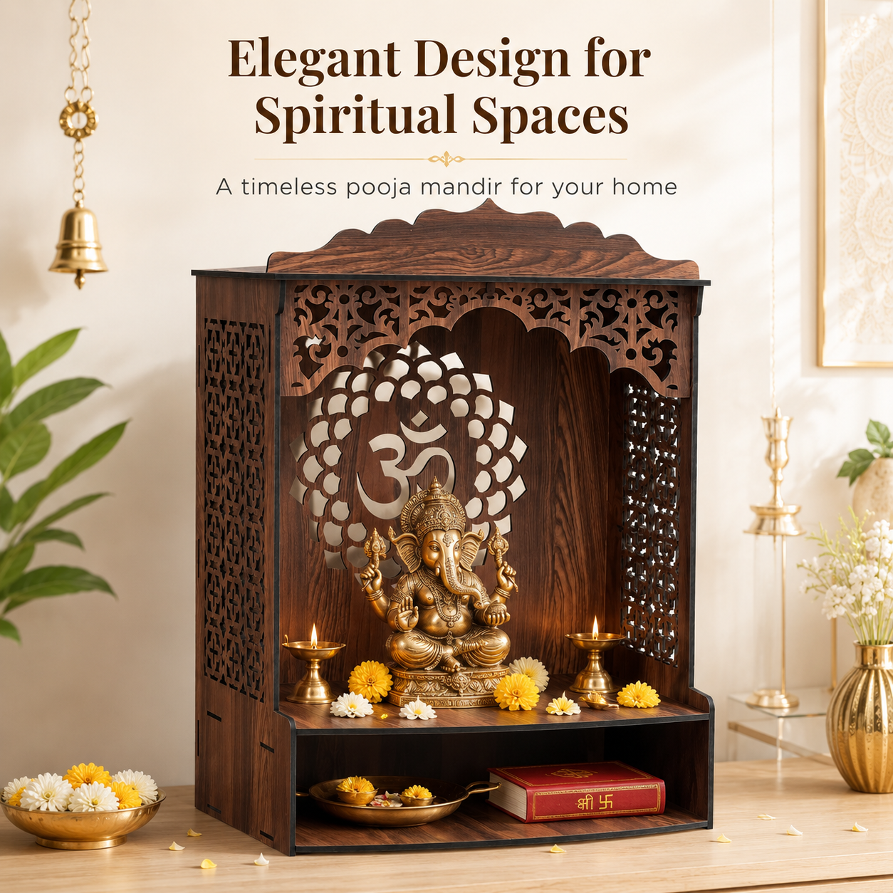 The Castle Decor Wooden Mandir for Home, Wall Hanging & Tabletop Pooja Temple with Om Cutwork Back Panel, Open Storage Shelf, Mandir for Pooja Room, Office, Hostel & Apartment, 16.5 x 24.5 x 10.5 Inch