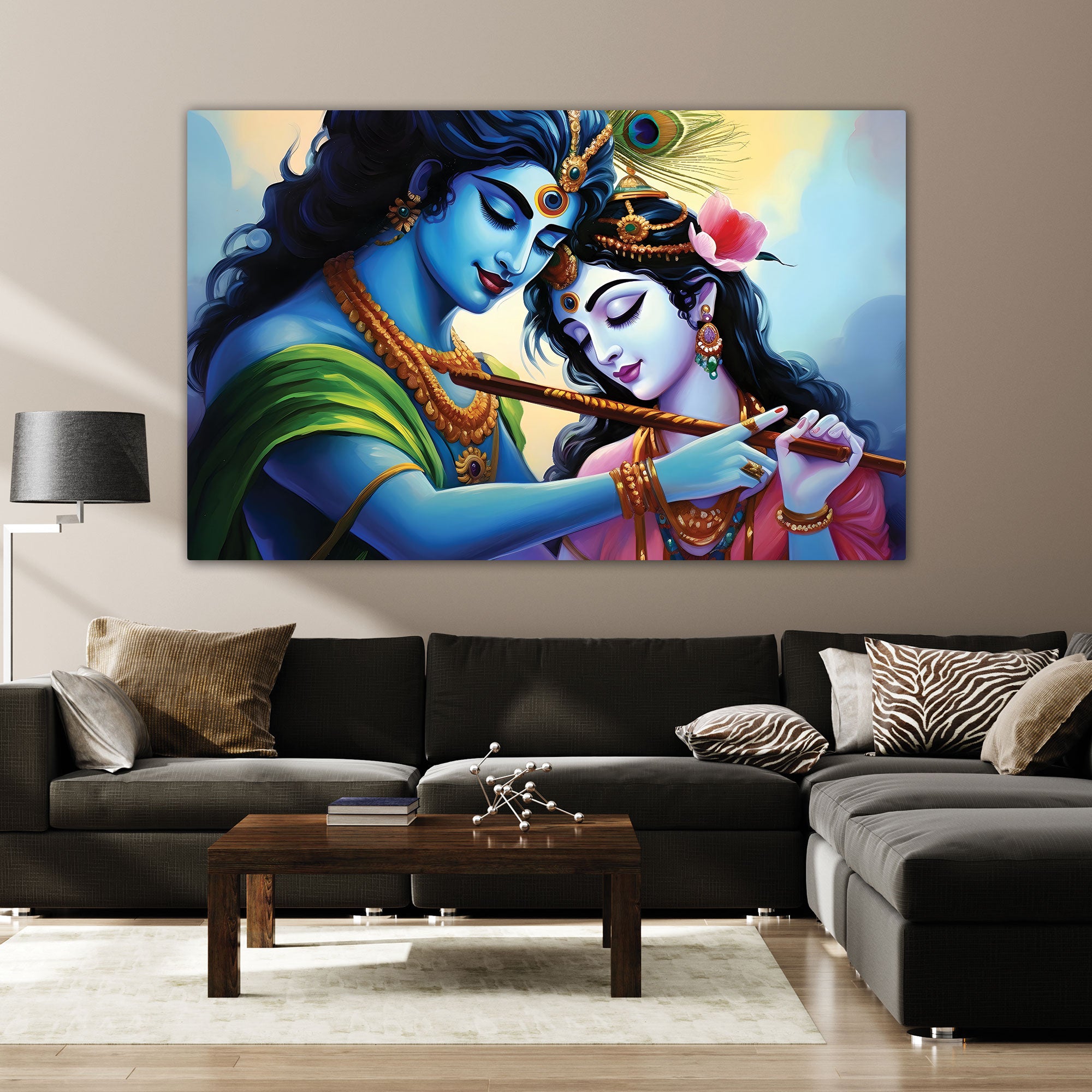 The Castle Decor radha krishna flute canvas/Sparkle painting with frame Big Size Wall Art for living room,Bedroom,Drawing room,Hotels-Wooden Framed-Digital Painting